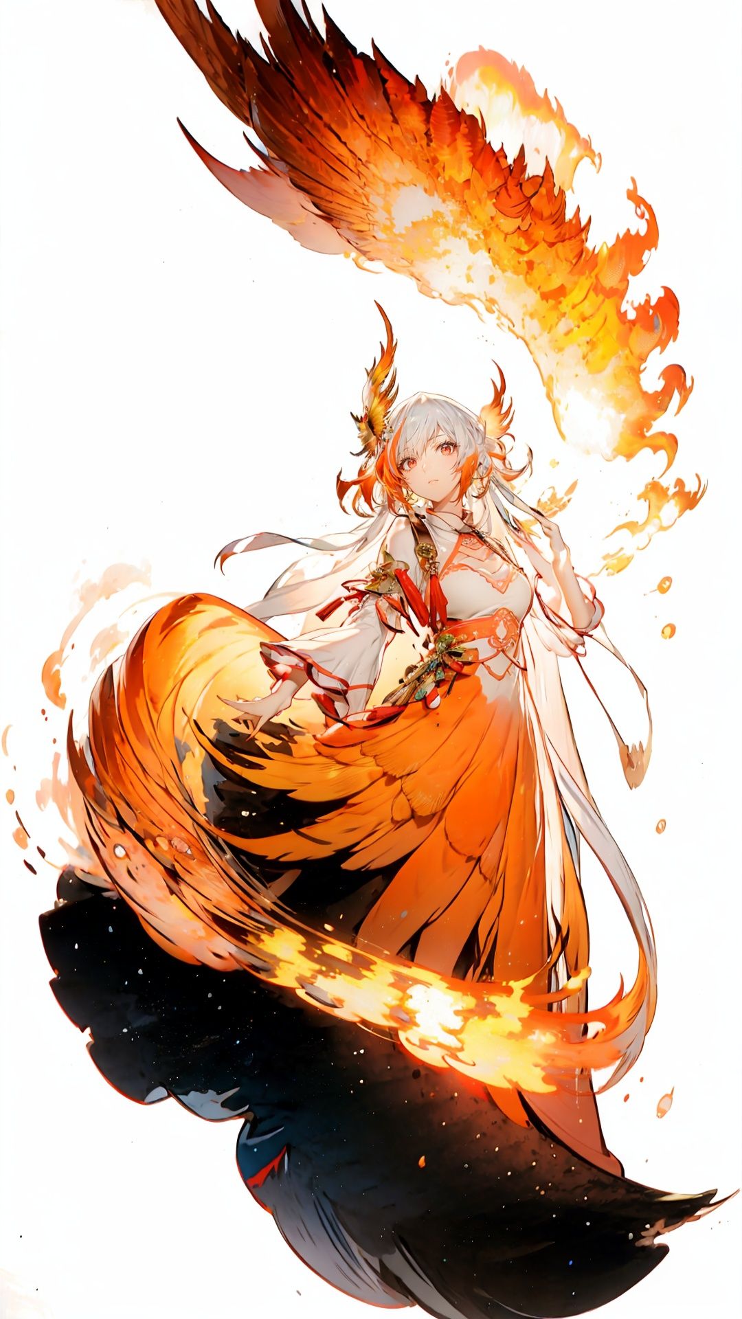  [(white background:1.4)::4], solo, (traditional media:1.3), round image, solo,outline,,simple background, white_hair, orange_eyes, streaked_hair, fu hua, orange_hair, red_hair, fire, fiery_hair, hair_between_eyes, multicolored_hair, fu hua\bengluo, fiery_wings
, Phoenix_girl, fflogo