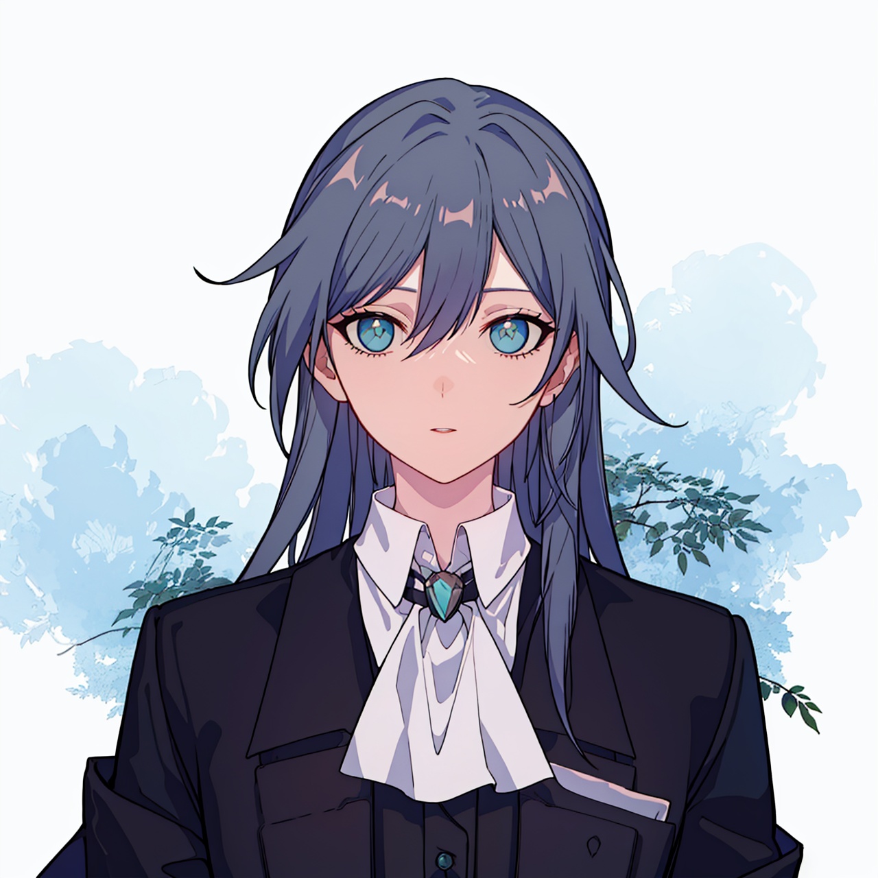  (masterpiece:1.3),(the best quality:1.2),(super fine illustrations:1.2),(Masterpiece),high quality,high detail,(white background:1.2),looking at viewer,(SOLO:1.4),outline,simplebackground,, long hair,blue eyes,hair flaps,choker,white shirt,shirt,pants,black jacket,black pants,hair ribbon,multicolored hair,white gloves,very long hair,single braid,grey hair,jacket,boots,braid,suit,bowtie,hair between eyes,formal,