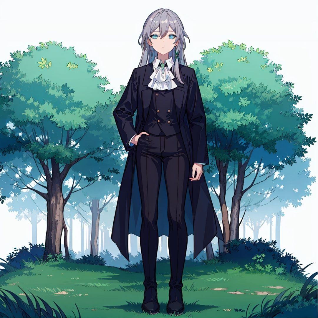 (masterpiece:1.3),(the best quality:1.2),(super fine illustrations:1.2),(Masterpiece),high quality,high detail,(white background:1.2),looking at viewer,(SOLO:1.4),outline,simplebackground,, long hair,blue eyes,hair flaps,choker,white shirt,shirt,pants,black jacket,black pants,hair ribbon,multicolored hair,white gloves,very long hair,single braid,grey hair,jacket,boots,braid,suit,bowtie,hair between eyes,formal,