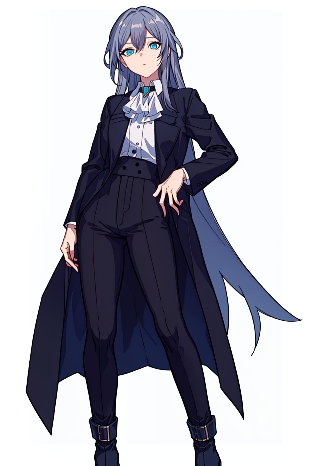 (masterpiece:1.3),(the best quality:1.2),(super fine illustrations:1.2),(Masterpiece),high quality,high detail,(white background:1.2),looking at viewer,(SOLO:1.4),outline,simplebackground,, long hair,blue eyes,hair flaps,choker,white shirt,shirt,pants,black jacket,black pants,hair ribbon,multicolored hair,white gloves,very long hair,single braid,grey hair,jacket,boots,braid,suit,bowtie,hair between eyes,formal,