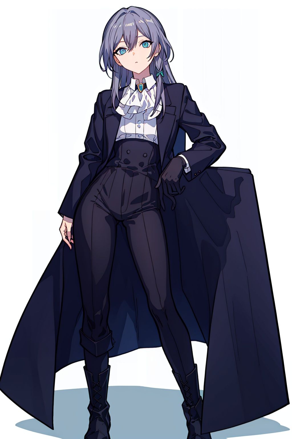 (masterpiece:1.3),(the best quality:1.2),(super fine illustrations:1.2),(Masterpiece),high quality,high detail,(white background:1.2),looking at viewer,(SOLO:1.4),outline,simplebackground,, long hair,blue eyes,hair flaps,choker,white shirt,shirt,pants,black jacket,black pants,hair ribbon,multicolored hair,white gloves,very long hair,single braid,grey hair,jacket,boots,braid,suit,bowtie,hair between eyes,formal,