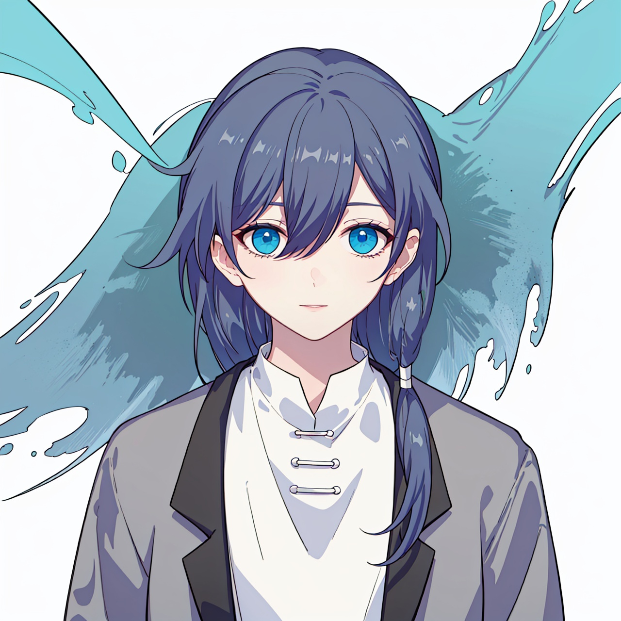  (masterpiece:1.3),(the best quality:1.2),(super fine illustrations:1.2),(Masterpiece),high quality,high detail,(white background:1.2),looking at viewer,(SOLO:1.4),outline,simplebackground,, blue eyes,hair ribbon,hair flaps,suit,braid,long sleeves,white shirt,grey hair,low ponytail,collared shirt,black jacket,sleeves rolled up,low twintails,ribbon,hair between eyes,jacket,