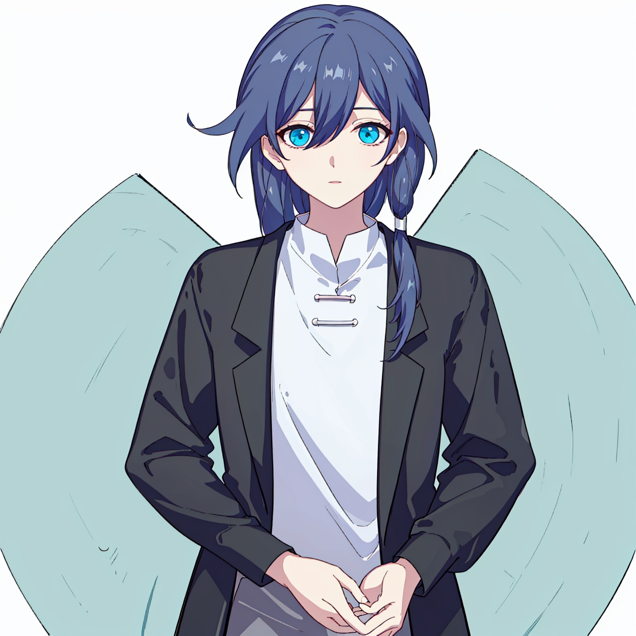  (masterpiece:1.3),(the best quality:1.2),(super fine illustrations:1.2),(Masterpiece),high quality,high detail,(white background:1.2),looking at viewer,(SOLO:1.4),outline,simplebackground,, blue eyes,hair ribbon,hair flaps,suit,braid,long sleeves,white shirt,grey hair,low ponytail,collared shirt,black jacket,sleeves rolled up,low twintails,ribbon,hair between eyes,jacket,