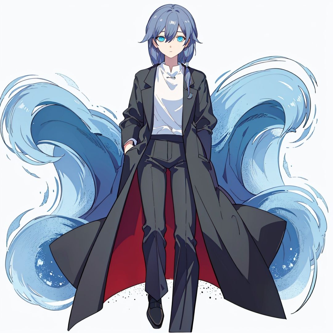 (masterpiece:1.3),(the best quality:1.2),(super fine illustrations:1.2),(Masterpiece),high quality,high detail,(white background:1.2),looking at viewer,(SOLO:1.4),outline,simplebackground,, blue eyes,hair ribbon,hair flaps,suit,braid,long sleeves,white shirt,grey hair,low ponytail,collared shirt,black jacket,sleeves rolled up,low twintails,ribbon,hair between eyes,jacket,