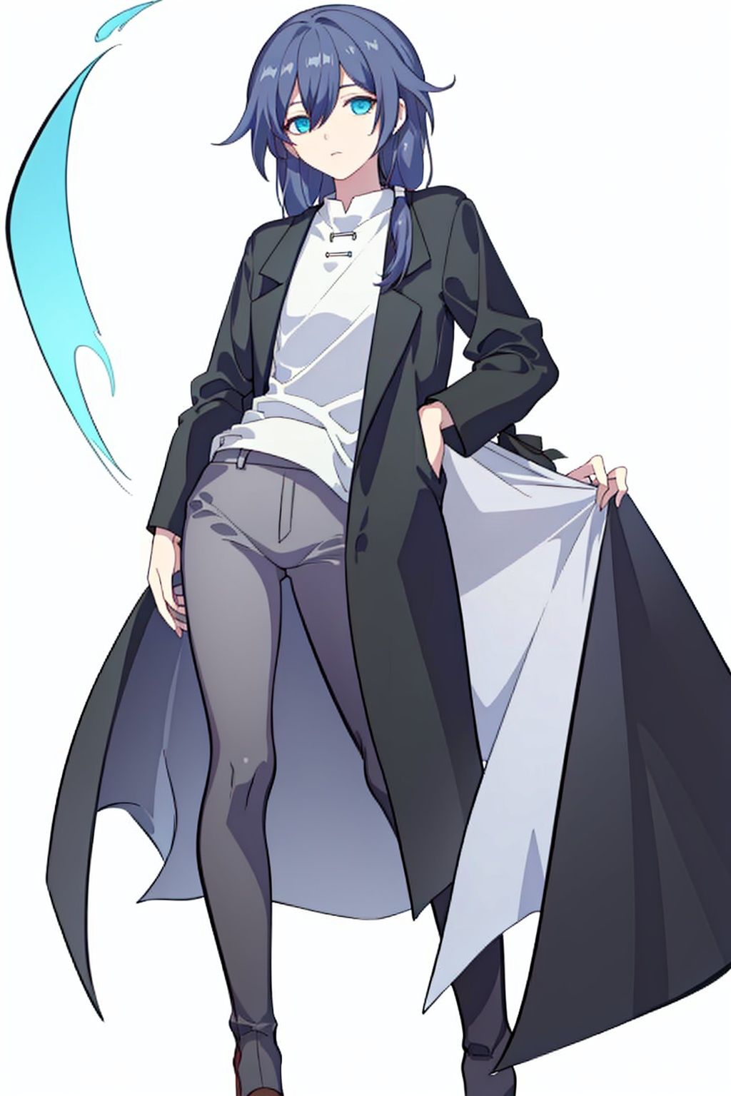 (masterpiece:1.3),(the best quality:1.2),(super fine illustrations:1.2),(Masterpiece),high quality,high detail,(white background:1.2),looking at viewer,(SOLO:1.4),outline,simplebackground,, blue eyes,hair ribbon,hair flaps,suit,braid,long sleeves,white shirt,grey hair,low ponytail,collared shirt,black jacket,sleeves rolled up,low twintails,ribbon,hair between eyes,jacket,