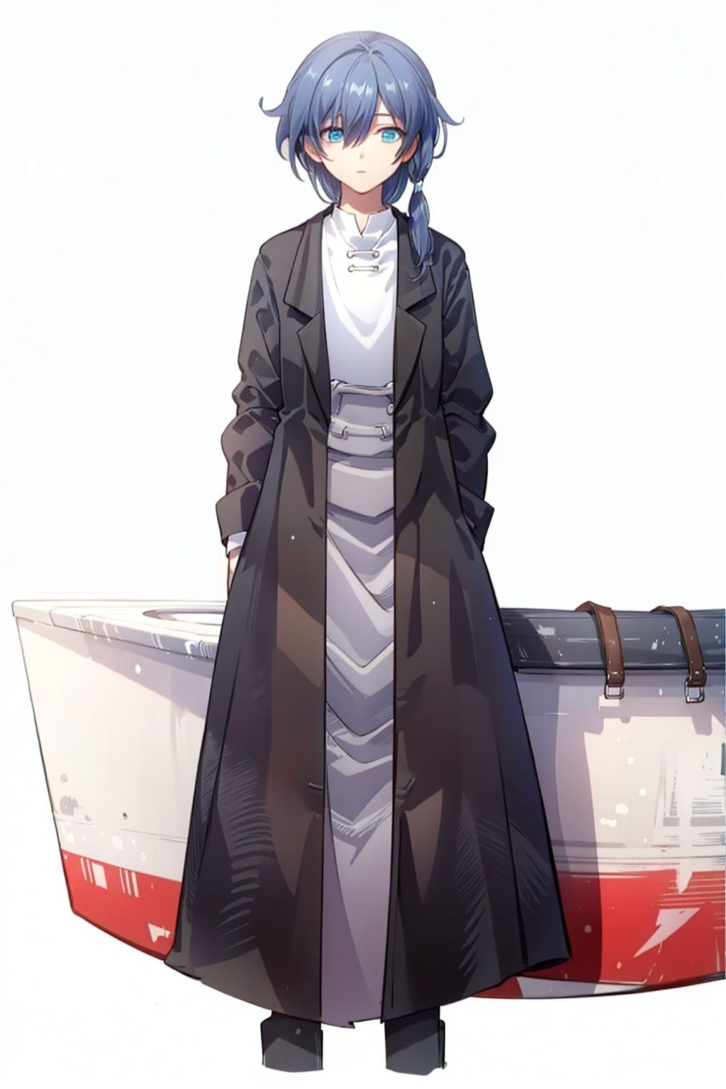 (masterpiece:1.3),(the best quality:1.2),(super fine illustrations:1.2),(Masterpiece),high quality,high detail,(white background:1.2),looking at viewer,(SOLO:1.4),outline,simplebackground,, blue eyes,hair ribbon,hair flaps,suit,braid,long sleeves,white shirt,grey hair,low ponytail,collared shirt,black jacket,sleeves rolled up,low twintails,ribbon,hair between eyes,jacket,