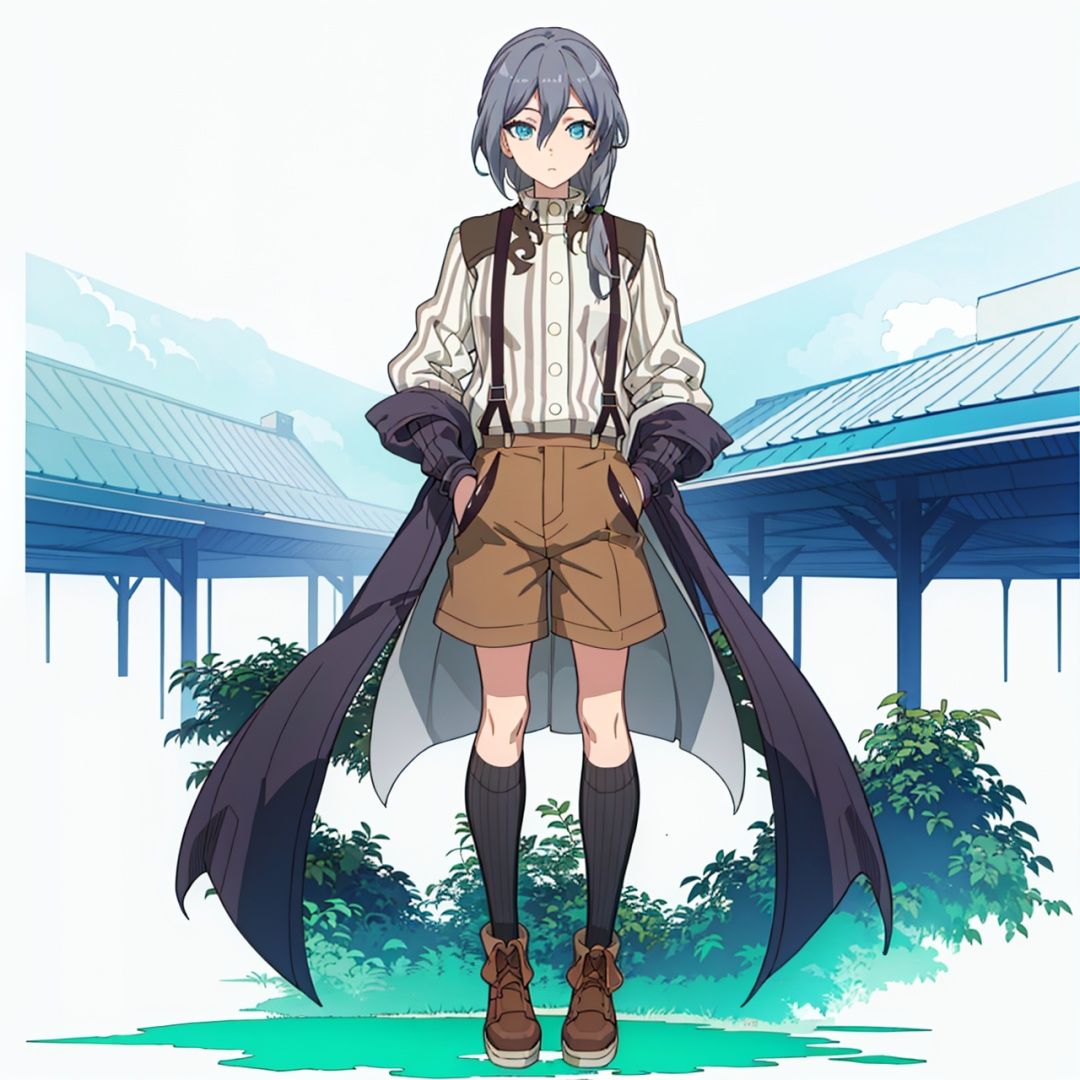 (masterpiece:1.3),(the best quality:1.2),(super fine illustrations:1.2),(Masterpiece),high quality,high detail,(white background:1.2),looking at viewer,(SOLO:1.4),outline,simplebackground,, suspenders,striped,boots,polka dot shirt,long hair,fu hua,vertical-striped shirt,messy hair,shirt,brown shorts,brown footwear,shorts,long sleeves,belt,kneehighs,blue eyes,striped shirt,low ponytail,vertical stripes,grey hair,hair between eyes,