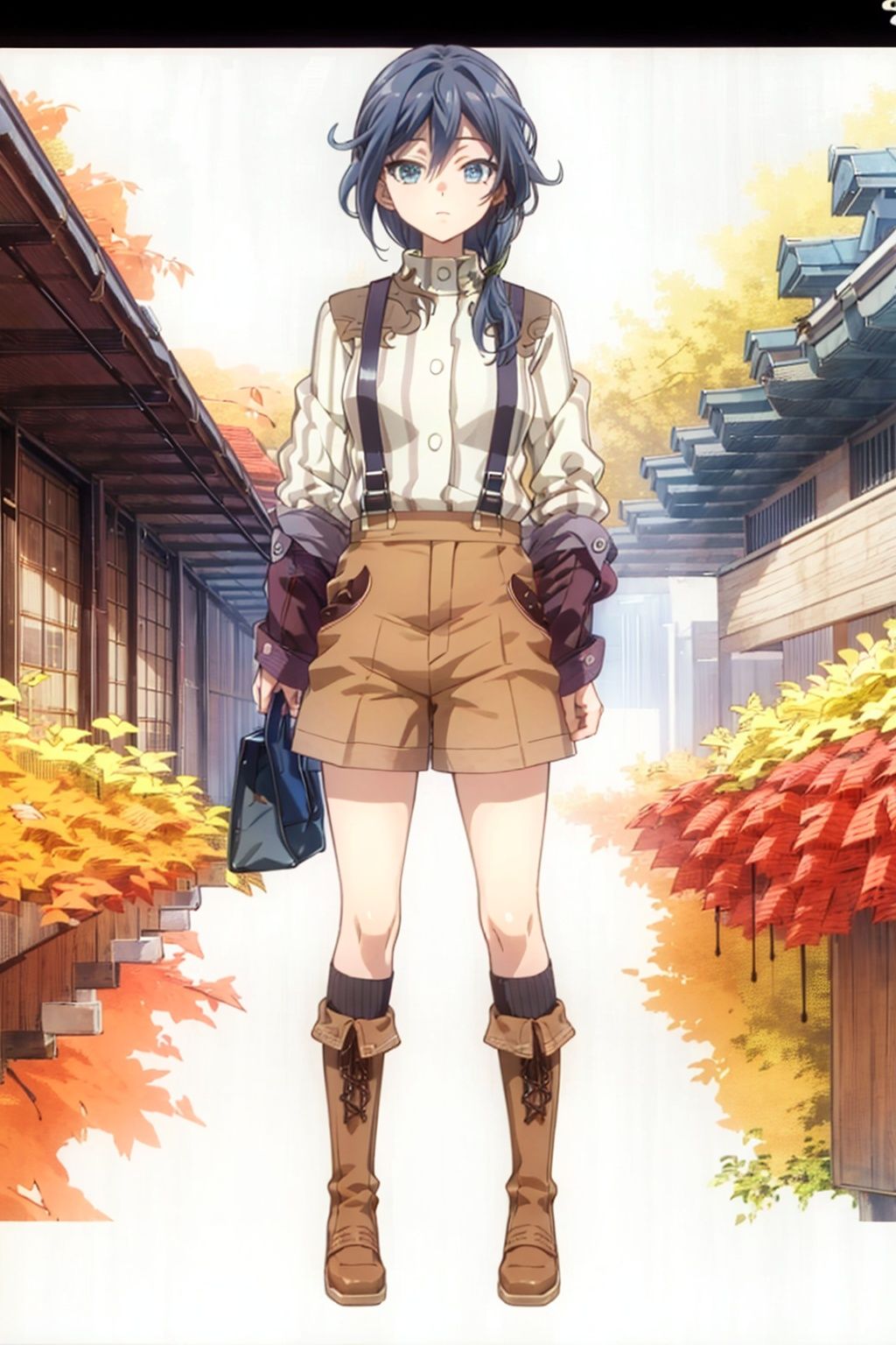 (masterpiece:1.3),(the best quality:1.2),(super fine illustrations:1.2),(Masterpiece),high quality,high detail,(white background:1.2),looking at viewer,(SOLO:1.4),outline,simplebackground,, suspenders,striped,boots,polka dot shirt,long hair,fu hua,vertical-striped shirt,messy hair,shirt,brown shorts,brown footwear,shorts,long sleeves,belt,kneehighs,blue eyes,striped shirt,low ponytail,vertical stripes,grey hair,hair between eyes,