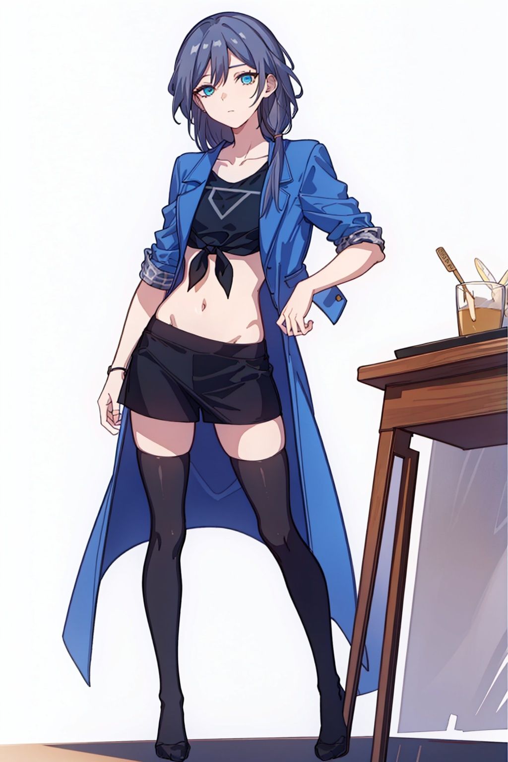 (masterpiece:1.3),(the best quality:1.2),(super fine illustrations:1.2),(Masterpiece),high quality,high detail,(white background:1.2),looking at viewer,(SOLO:1.4),outline,simplebackground,, blue eyes,shirt,long hair,hair flaps,thighhighs,track jacket,short sleeves,low-tied long hair,fu hua,jacket,tied shirt,hair between eyes,low twintails,collarbone,messy hair,