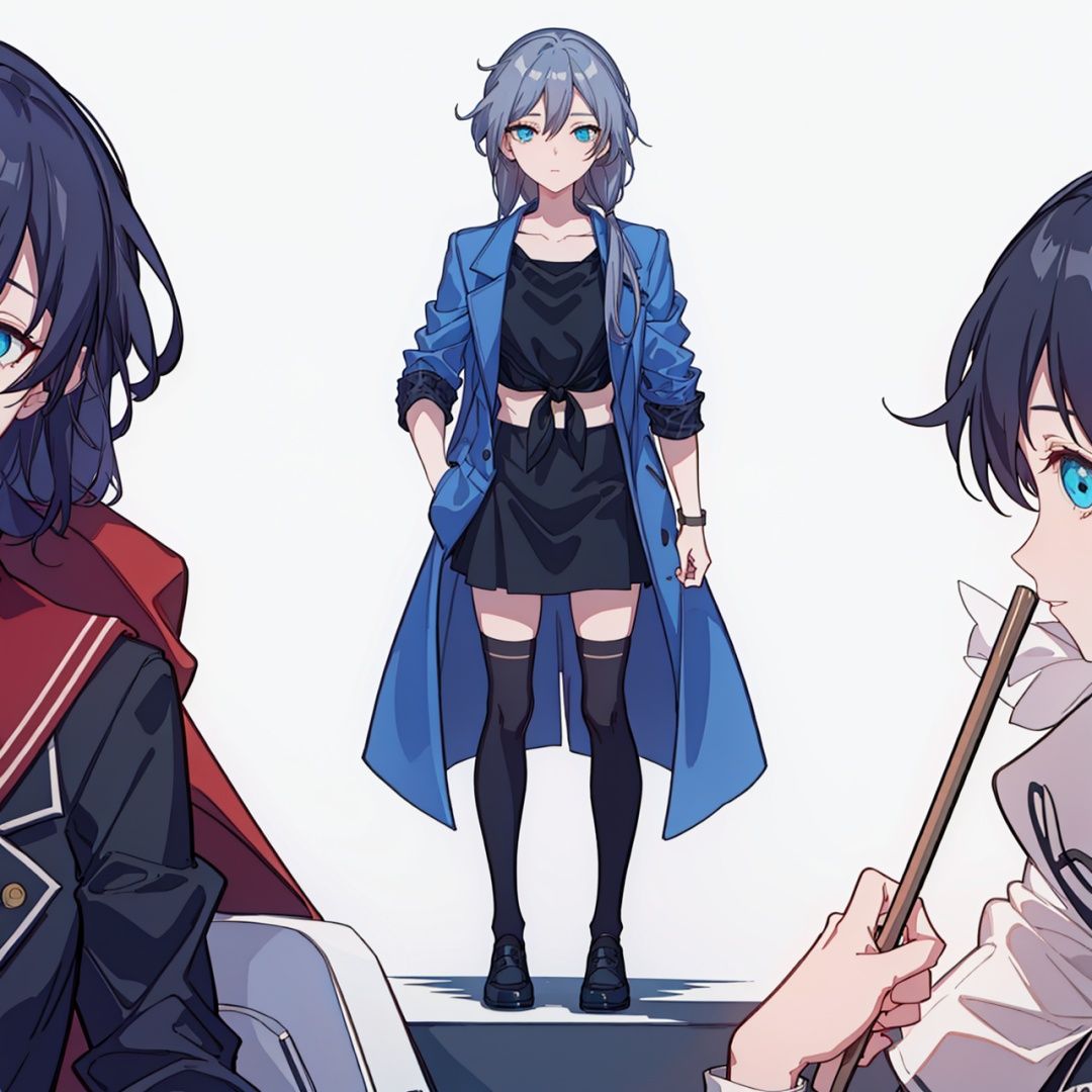 (masterpiece:1.3),(the best quality:1.2),(super fine illustrations:1.2),(Masterpiece),high quality,high detail,(white background:1.2),looking at viewer,(SOLO:1.4),outline,simplebackground,, blue eyes,shirt,long hair,hair flaps,thighhighs,track jacket,short sleeves,low-tied long hair,fu hua,jacket,tied shirt,hair between eyes,low twintails,collarbone,messy hair,