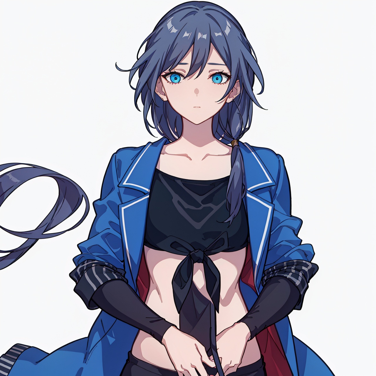  (masterpiece:1.3),(the best quality:1.2),(super fine illustrations:1.2),(Masterpiece),high quality,high detail,(white background:1.2),looking at viewer,(SOLO:1.4),outline,simplebackground,, blue eyes,shirt,long hair,hair flaps,thighhighs,track jacket,short sleeves,low-tied long hair,fu hua,jacket,tied shirt,hair between eyes,low twintails,collarbone,messy hair,
