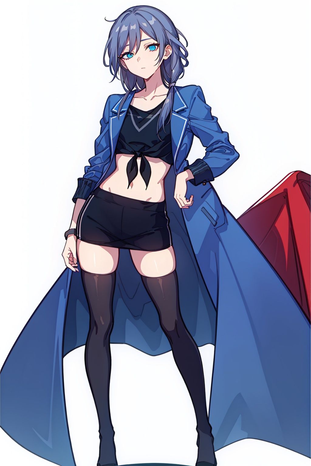 (masterpiece:1.3),(the best quality:1.2),(super fine illustrations:1.2),(Masterpiece),high quality,high detail,(white background:1.2),looking at viewer,(SOLO:1.4),outline,simplebackground,, blue eyes,shirt,long hair,hair flaps,thighhighs,track jacket,short sleeves,low-tied long hair,fu hua,jacket,tied shirt,hair between eyes,low twintails,collarbone,messy hair,