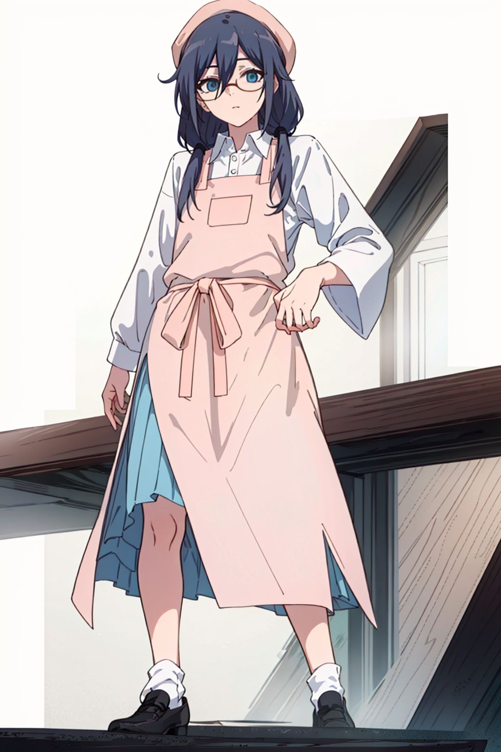 (masterpiece:1.3),(the best quality:1.2),(super fine illustrations:1.2),(Masterpiece),high quality,high detail,(white background:1.2),looking at viewer,(SOLO:1.4),outline,simplebackground,, apron,glasses,fu hua,low twintails,eyelashes,tied hair,very long hair,grey hair,white shirt,under-rim eyewear,semi-rimless eyewear,blue eyes,hair between eyes,hat,collared shirt,
