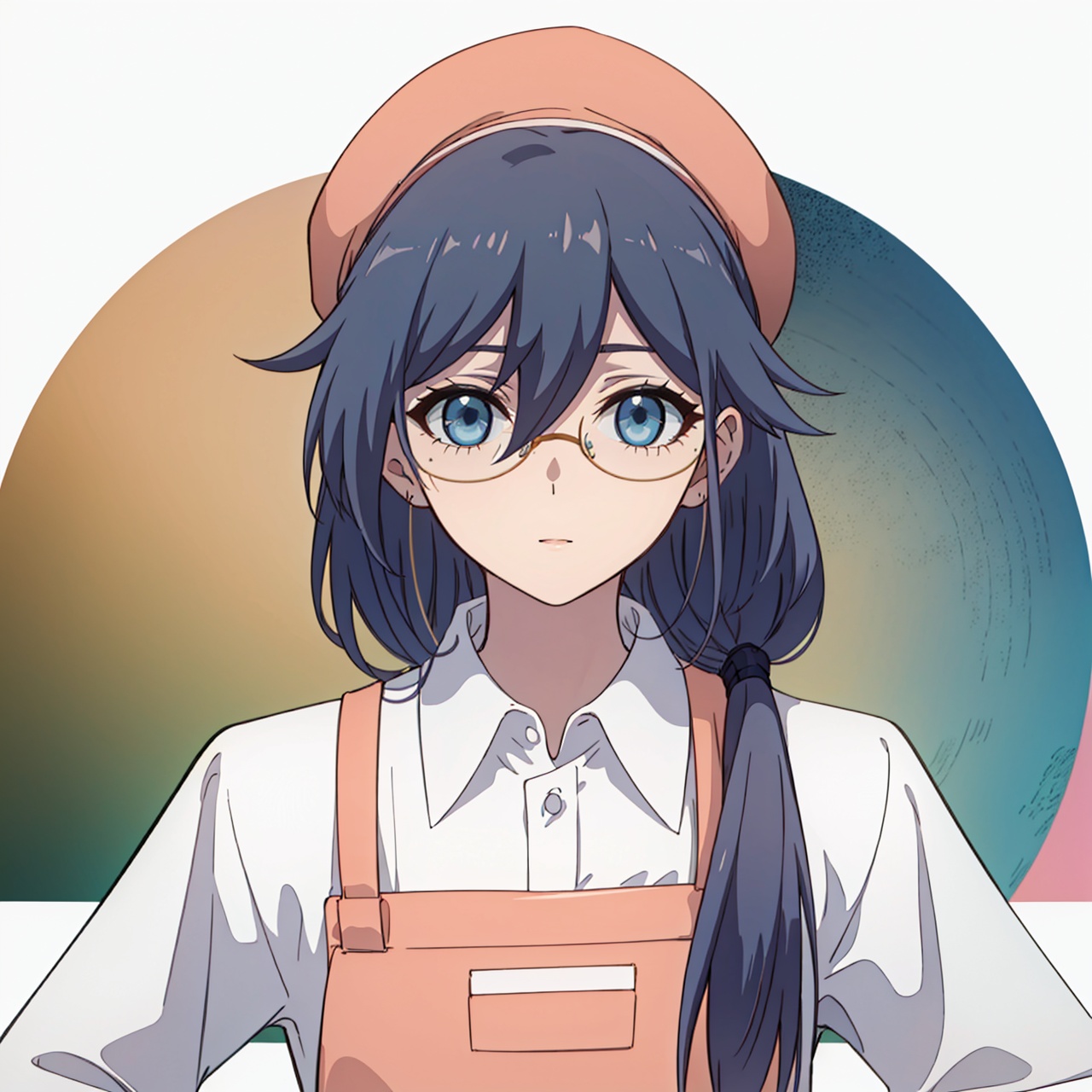  (masterpiece:1.3),(the best quality:1.2),(super fine illustrations:1.2),(Masterpiece),high quality,high detail,(white background:1.2),looking at viewer,(SOLO:1.4),outline,simplebackground,, apron,glasses,fu hua,low twintails,eyelashes,tied hair,very long hair,grey hair,white shirt,under-rim eyewear,semi-rimless eyewear,blue eyes,hair between eyes,hat,collared shirt,