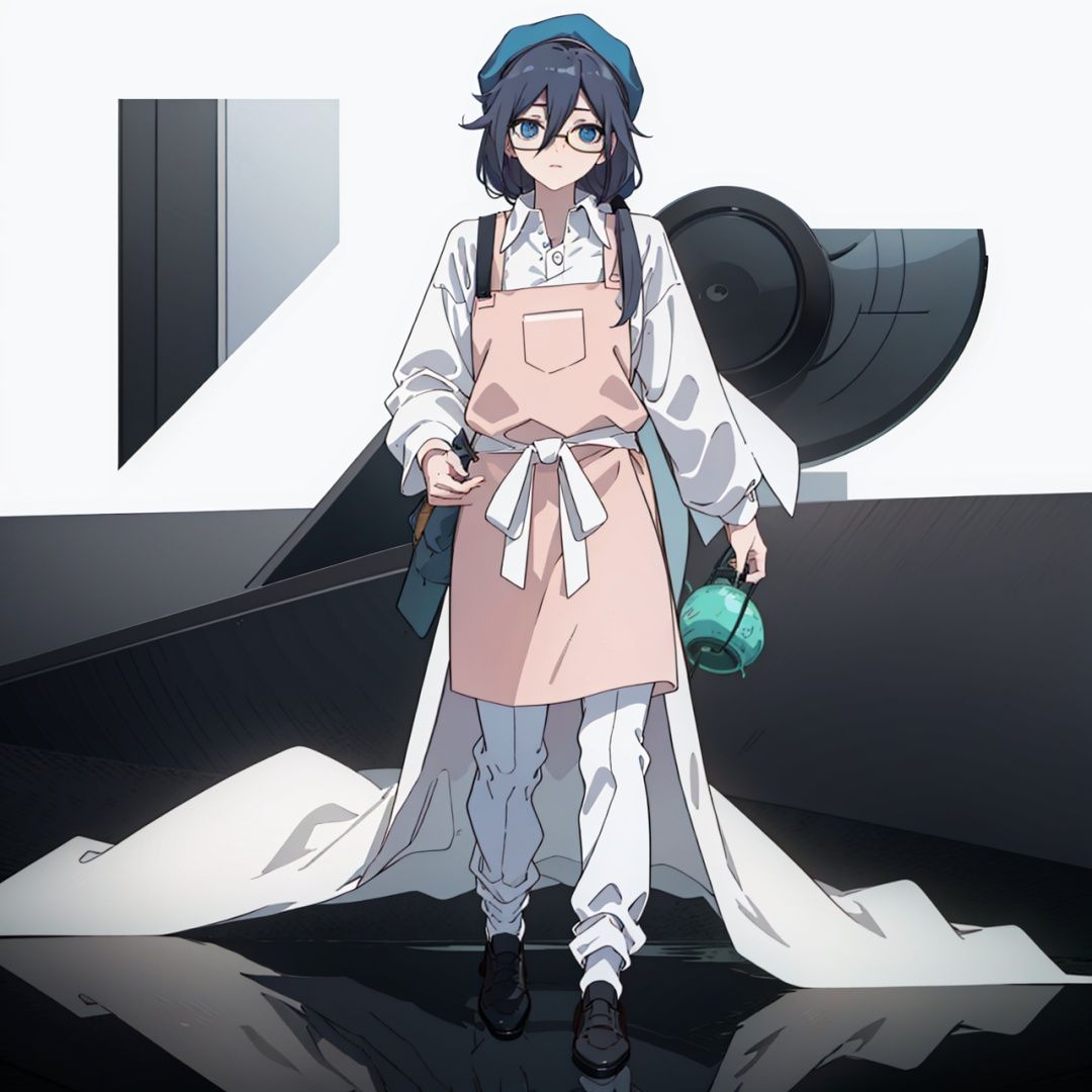 (masterpiece:1.3),(the best quality:1.2),(super fine illustrations:1.2),(Masterpiece),high quality,high detail,(white background:1.2),looking at viewer,(SOLO:1.4),outline,simplebackground,, apron,glasses,fu hua,low twintails,eyelashes,tied hair,very long hair,grey hair,white shirt,under-rim eyewear,semi-rimless eyewear,blue eyes,hair between eyes,hat,collared shirt,