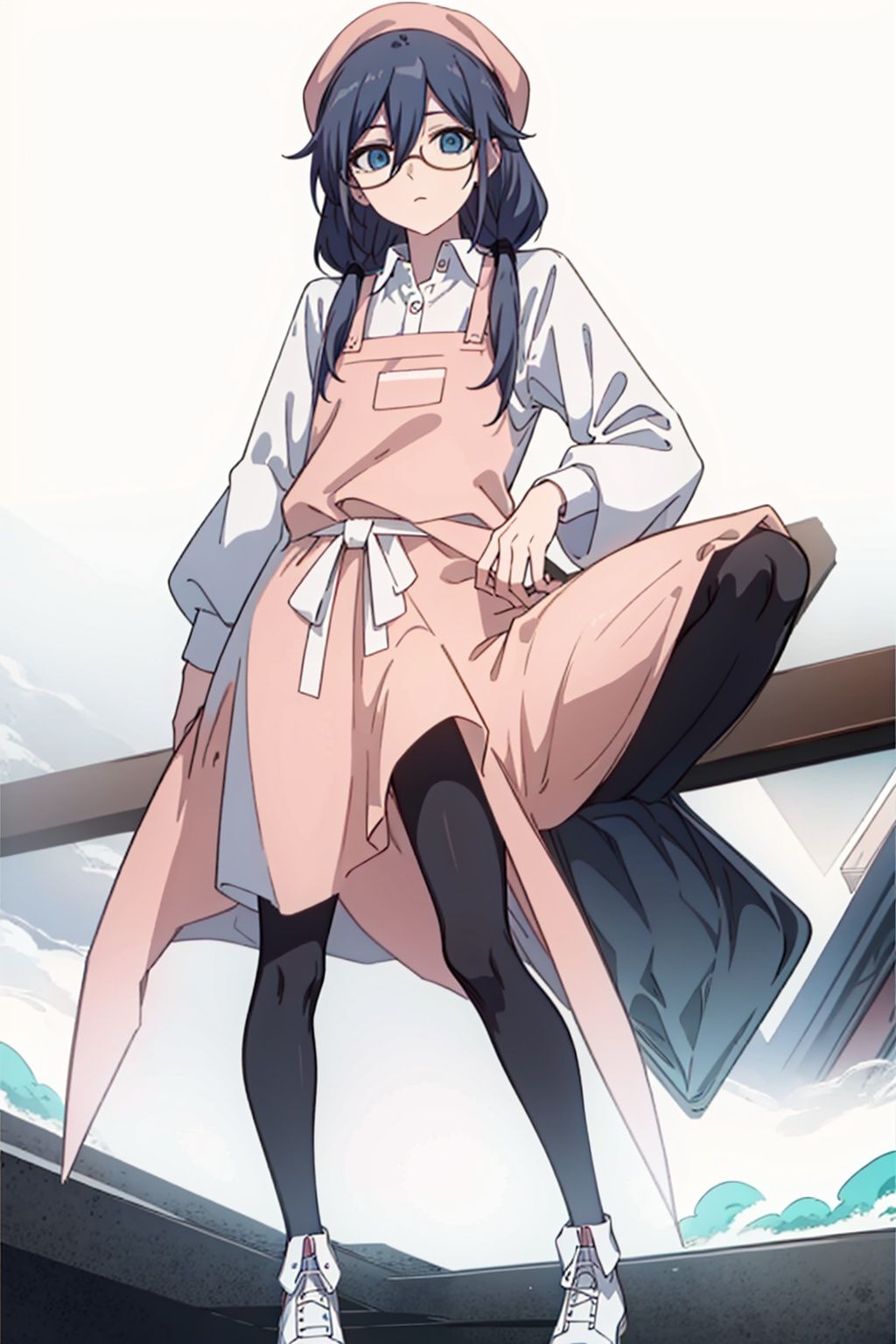 (masterpiece:1.3),(the best quality:1.2),(super fine illustrations:1.2),(Masterpiece),high quality,high detail,(white background:1.2),looking at viewer,(SOLO:1.4),outline,simplebackground,, apron,glasses,fu hua,low twintails,eyelashes,tied hair,very long hair,grey hair,white shirt,under-rim eyewear,semi-rimless eyewear,blue eyes,hair between eyes,hat,collared shirt,