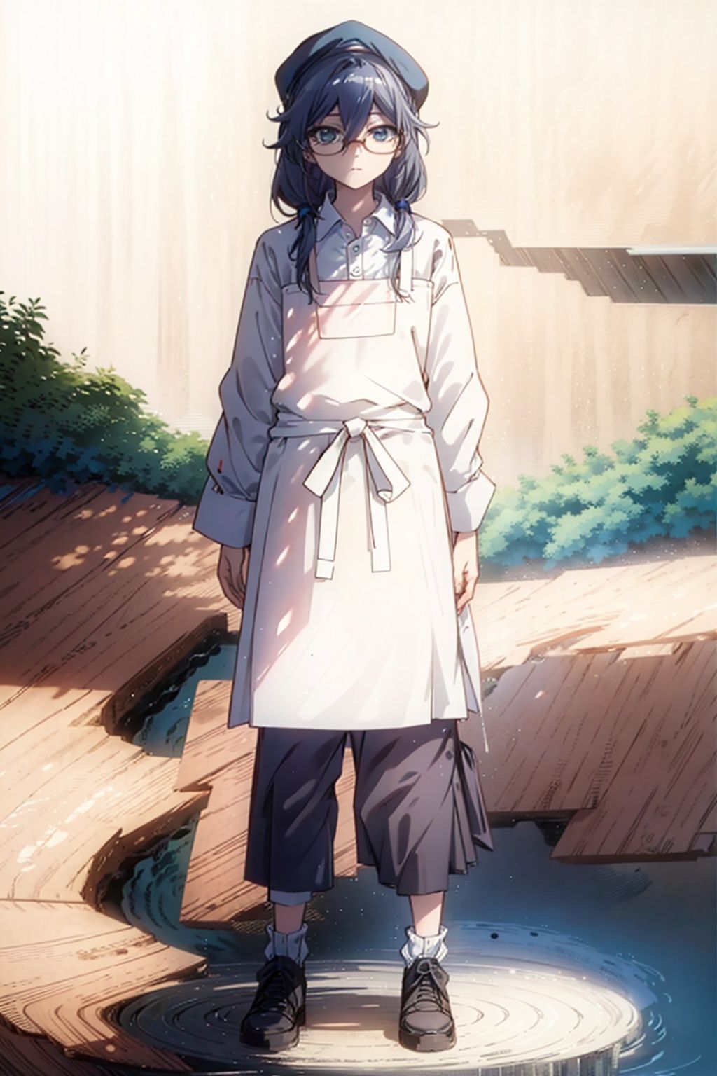 (masterpiece:1.3),(the best quality:1.2),(super fine illustrations:1.2),(Masterpiece),high quality,high detail,(white background:1.2),looking at viewer,(SOLO:1.4),outline,simplebackground,, apron,glasses,fu hua,low twintails,eyelashes,tied hair,very long hair,grey hair,white shirt,under-rim eyewear,semi-rimless eyewear,blue eyes,hair between eyes,hat,collared shirt,