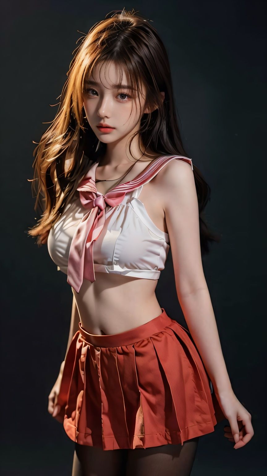 1girl, Autumn, fallen leaves, orange and red tone color,,
 pretty face, (photo realistic: 1.3) , Edge lighting, (high-detail skin) , 8K ultra-hd, DSLR, high quality, high resolution,(photo realistic: 1.3) 
,large breasts, (boobs naked:0.8), eluosi,sailor senshi uniform,pink bow,pink necktie,pink sailor collar,pinkskirt,black pantyhose, light master