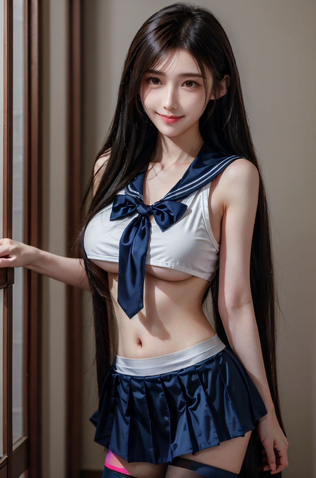  (Good structure), HDR, UHD, 8K, (A real person), Highly detailed, best quality, masterpiece, 1girl, (realistic), Highly detailed, (EOS R8, 50mm, F1.2, 8K, RAW photo:1.2), ultra realistic 8k, pose for picture, Dynamic pose , looking_at_viewer,lips,(perfect body), (solo), 1girl, , long hair, Wind, flowing hair, big_breast,kind smile,
sailor senshi uniform, Rainbow color bow,Rainbow color necktie,Rainbow color sailor collar,Rainbow colorskirt,black pantyhose, ,  tifa