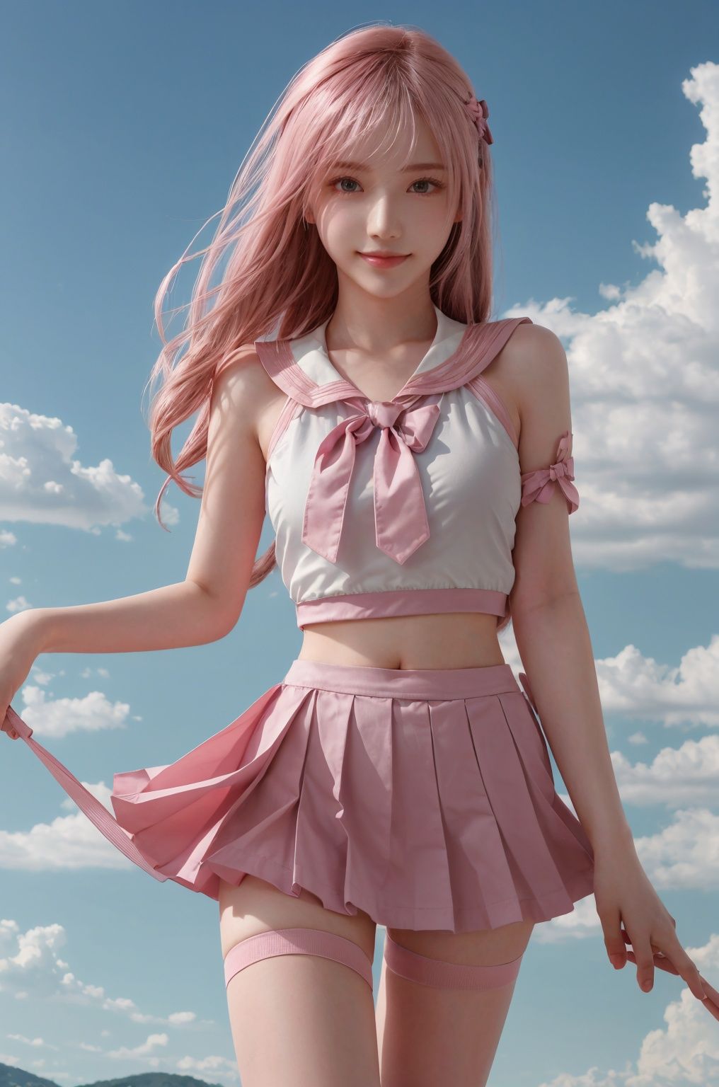  (Good structure), HDR, UHD, 8K, A real person, Highly detailed, best quality, masterpiece, 1girl, realistic, Highly detailed, (EOS R8, 50mm, F1.2, 8K, RAW photo:1.2), ultra realistic 8k, (best illumination, best shadow, extremely delicate and beautiful), (official art, beautiful and aesthetic:1.2), solo, 1girl, , Wind, flowing hair, kind smile, , pose for picture, Dynamic pose, looking_at_viewer, , perfect body, 
Blue sky and white clouds, campus,
sailor senshi uniform,pink bow,pink necktie,pink sailor collar,pinkskirt,black pantyhose, leiting,pink_hair