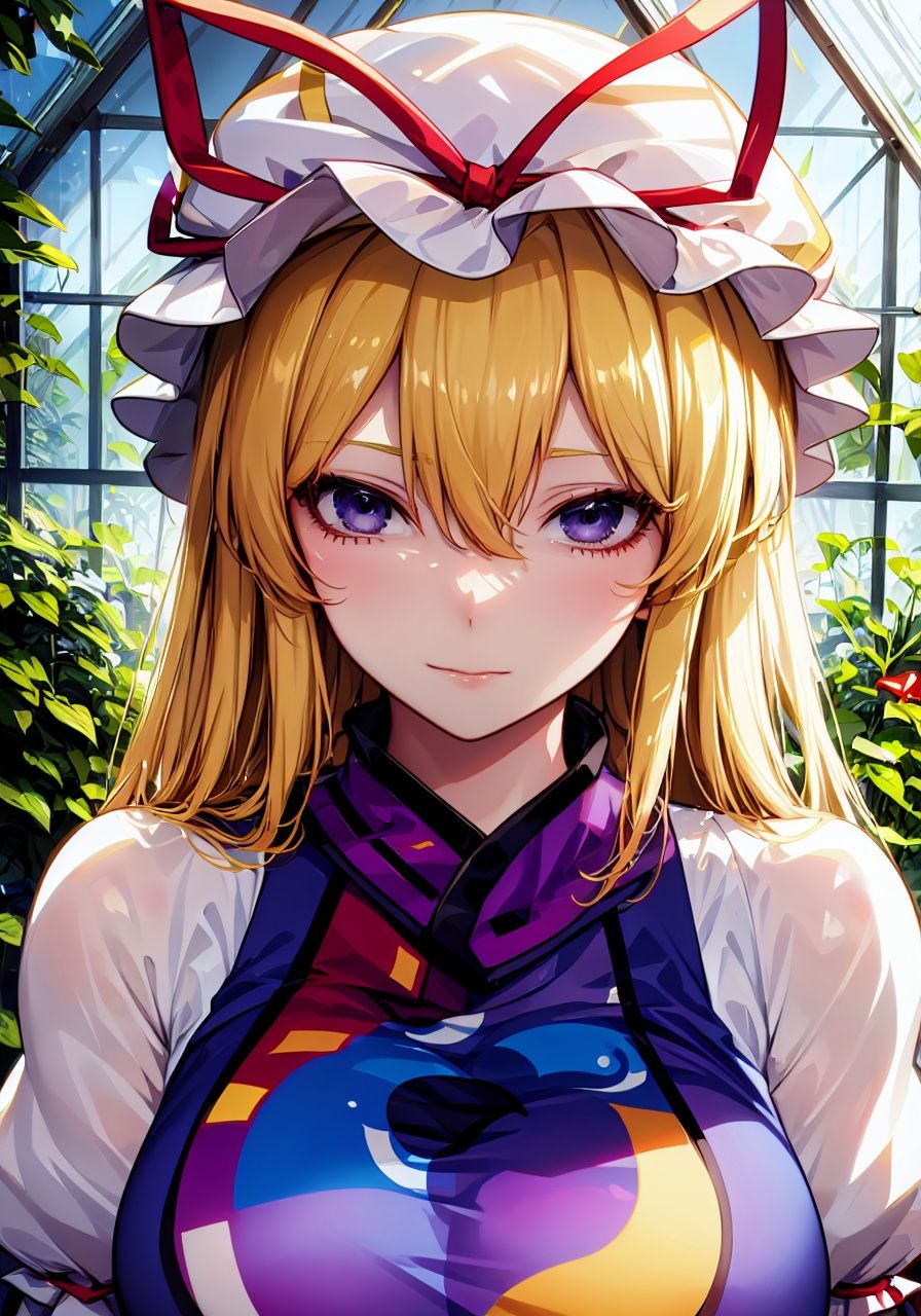Yakumo Yukari(touhou project), yellow hair, hat, Oily skin, 1 girl, upper body, (Extremely detailed and beautiful eyes)(detailed light), (an extremely delicate and beautiful), volume light, best shadow, flash, Depth of field, dynamic angle, (greenhouse)