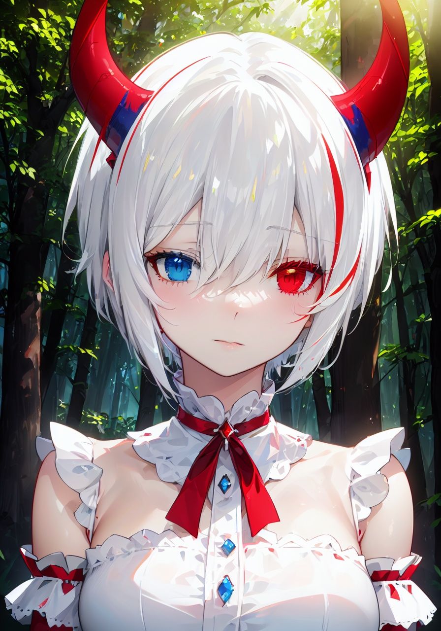 (detailed light), (an extremely delicate and beautiful), volume light, best shadow,cinematic lighting, flash, Depth of field, dynamic angle, Oily skin, (upper body)(solo:1.2),(short hair,white hair:1.3),((rem:0.7)+(miku:0.8)),has(2 red horns:1.2),(heterochromia<(red,blue)>:1.25),(black_white maid_outfit) (off shoulder) (frills:1.2),(in forest),