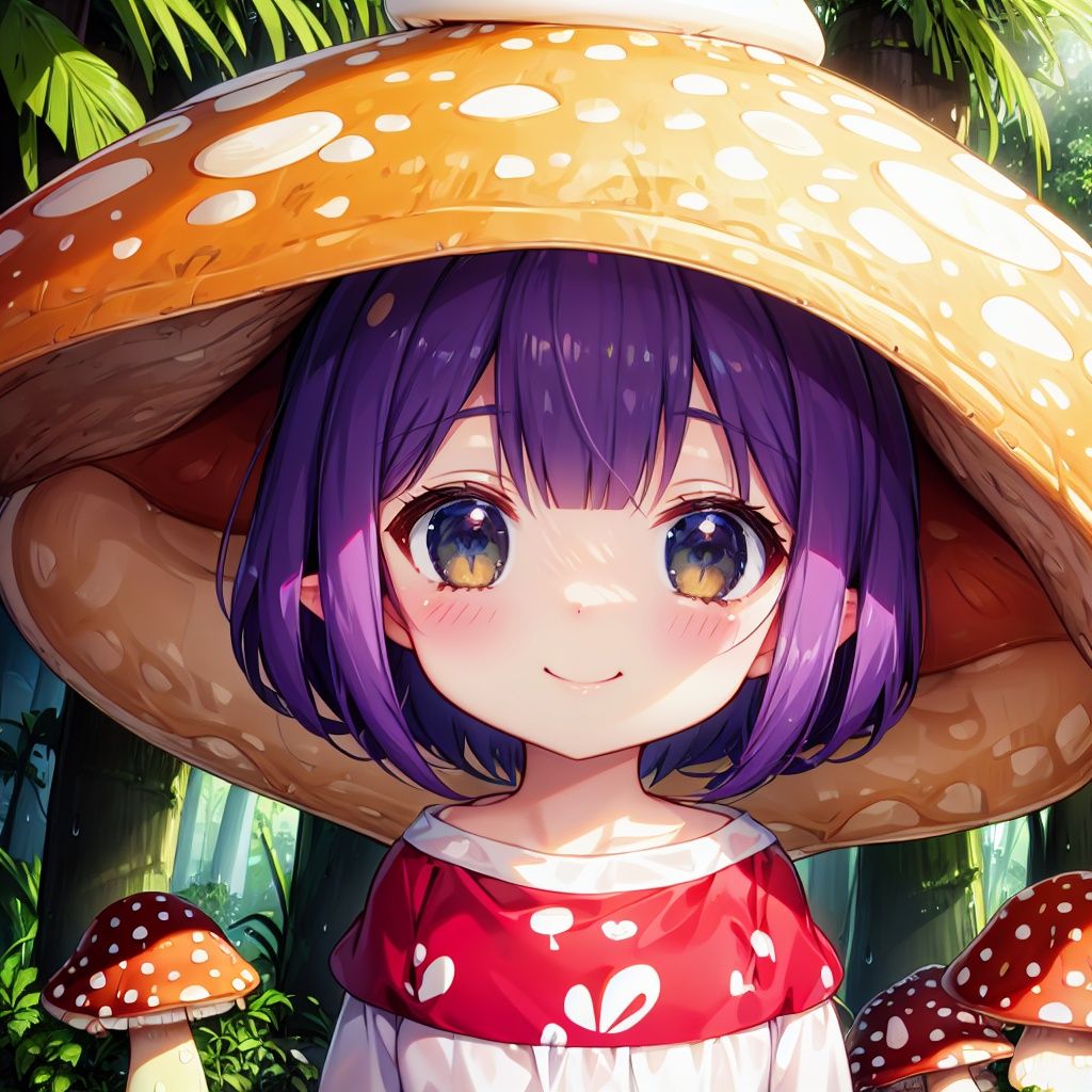Forest after rain, Amazon rainforest, lots of tropical trees, palm trees, lots of giant mushrooms, lots of poison mushrooms, red and white spotted mushrooms, purple mushrooms, yellow mushrooms, white mushrooms, explosion mushrooms, charm mushrooms, fluorescent mushrooms, (1 loli, upper body), (light smile), (close-up)(monsterification:1.3), (1 giant mushroom_girl, wearing Spotted dress, spotted mushroom hair), (spotted mushroom hat:1.2), (upper body), (cute face), beautiful eyes(detailed light), (extremely delicate and beautiful), volume light, best shadow, flash, Depth of field
