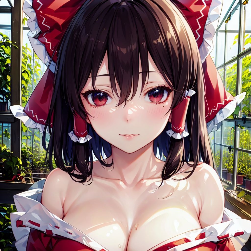 (cowboy shot), Hakurei Reimu(touhou project), black hair, Oily skin, 1 girl, (Extremely detailed and beautiful eyes)(detailed light), (an extremely delicate and beautiful), volume light, best shadow, flash, Depth of field, dynamic angle, (greenhouse:1.2)