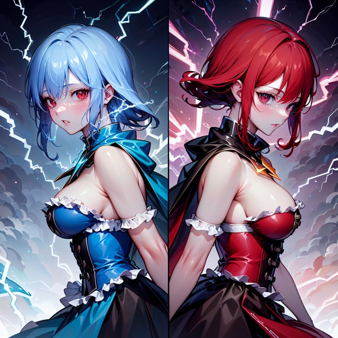 ((best quality)), ((masterpiece)), ((ultra-detailed)), (illustration), (detailed light), (an extremely delicate and beautiful),(cowboy shot), (2 girls:1.3), [(confrontation split screen theme)::0.35],/=(left-side<(girl a<((spread lots of red_Lightning on cape),(spread lots of red Lightning on frills bustier))> and red hair and(Lightning strike and (Electric shock:1.25)))>),(Detailed anime face),glowing pupil,/=(Back to back:1.2),(yuri:0.8),(Lightning-pov:1.3),/=(right-side<(girl b<((spread lots of blue_Lightning on cape),(spread lots of blue Lightning on frills bustier))> and blue hair and (Lightning strike and (Electric shock:1.25)))>),(Detailed anime face),glowing pupil,/=(night sky background),(cloudy sky),((electricity)),((wind)),Depth of Field,best-lighting,volumetric-light,