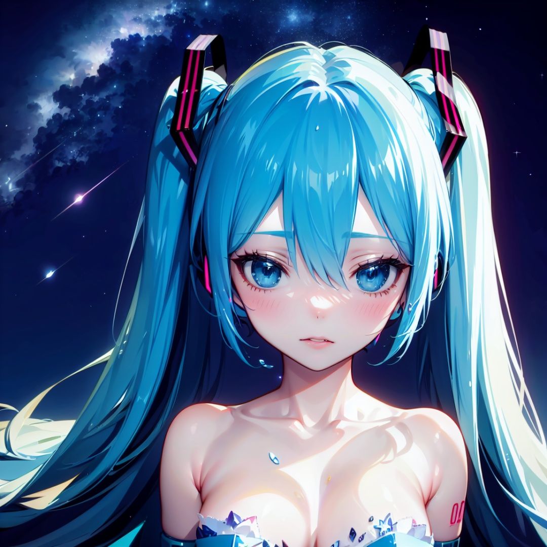 (miku:1.2), upper body, 1 girl, solo, (blue hair, long hair), (blue eyes), Volume light, (oily skin), Depth of FieldBREAKstar night, forest background, (Masterpieces, best quality)