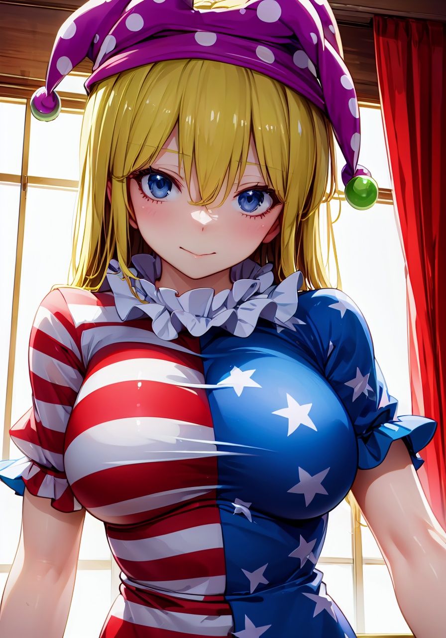 Clownpiece(touhou project), yellow hair, hat, Oily skin, 1 girl, upper body, (Extremely detailed and beautiful eyes)(detailed light), (an extremely delicate and beautiful), volume light, best shadow, flash, Depth of field, dynamic angle, (otaku  room)
