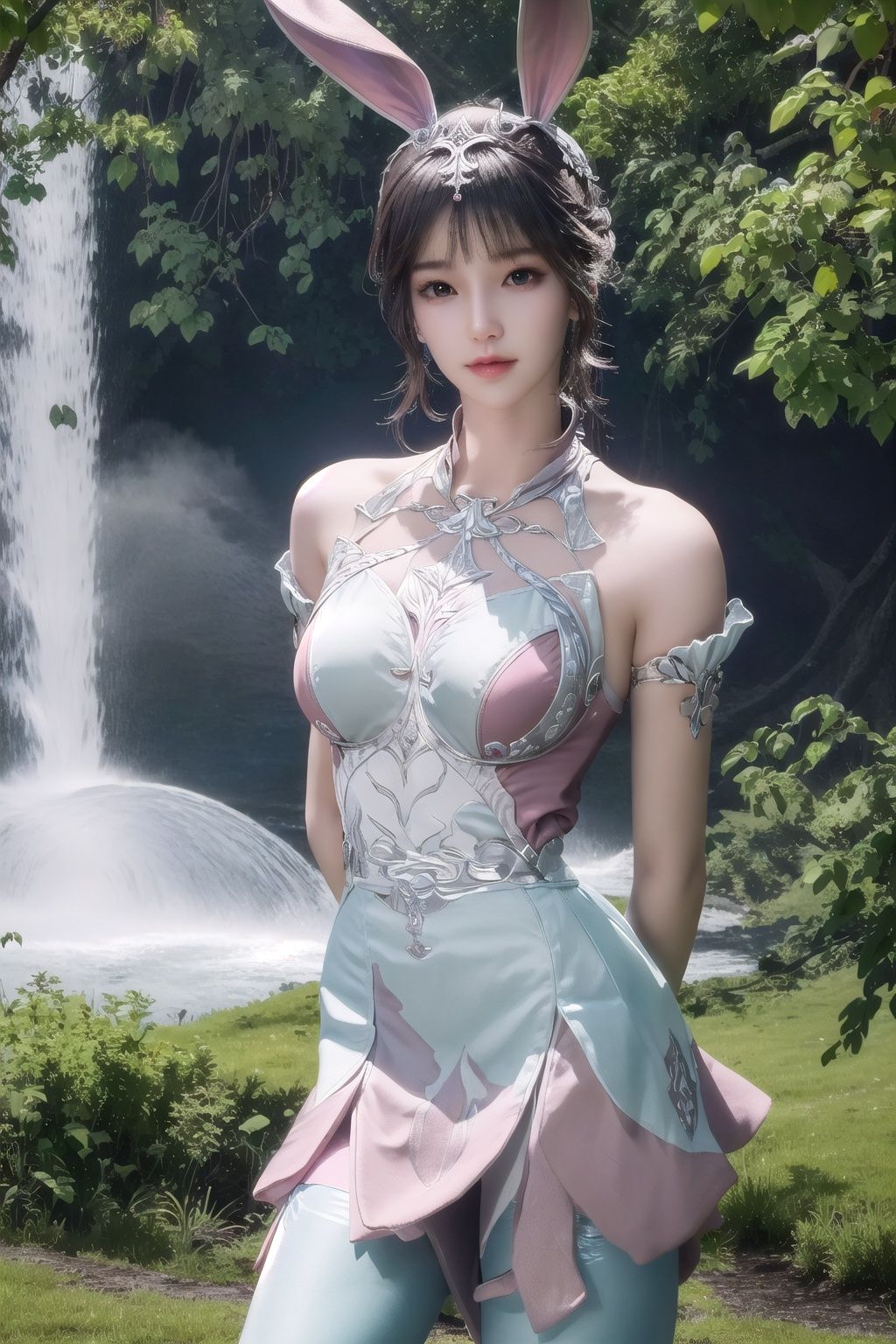 (8k, RAW photo, best quality, masterpiece:1.2),(realistic, photo-realistic:1.3), ultra-detailed, extremely detailed cg 8k wallpaper,(crystalstexture skin:1.2), (extremely delicate and beautiful),hatching (texture),skin gloss,light personal,1girl , long hair, standing in a rustic farm setting. She has a soft, gentle smile and expressive eyes,framed breasts,light rays, caustics, light particles,,waterfall, butterfly, glowing butterfly,Capture the image as if it were taken on an old-school 35mm film for added charm,close up,pov,animal ears, rabbit ears, pink dress, hair ornament, collar,pantyhose, high heels, white thighhighs, arms behind back,slender legs,wzjbxzh,(breasts,medium breasts, cleavage, ),cowboy shot, filmg, <lora:FilmG4:0.7> , <lora:wzjbxzh:0.8:1,0,0,0,0,0,0,0,1,1,1,0,0,0,0,0,0>, pureerosface_v1, xwhd,<lora:827xwxiu2-000016:0.8:1,1,1,1,1,0,0.2,0,0.8,1,1,0.2,0,0,0,0,0>,