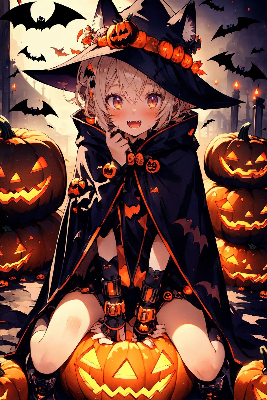  bat,halloween,1girl,jack-o'-
lantern,ghost,castle,demon,ghost,candy,fangs,kitten,stand,Wearing a cloak