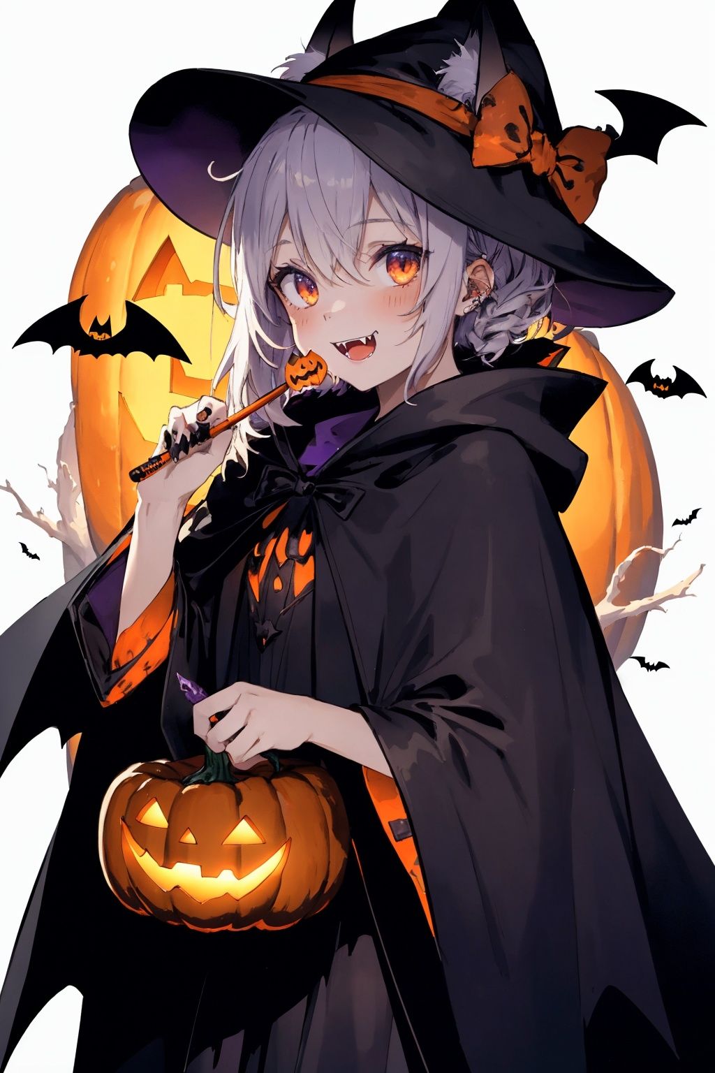  bat,halloween,1girl,jack-o'-
lantern,ghost,castle,demon,ghost,candy,fangs,kitten,stand,Wearing a cloak,troublemaker