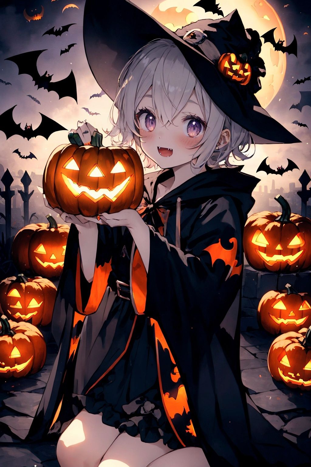  bat,halloween,1girl,jack-o'-
lantern,ghost,castle,demon,ghost,candy,fangs,kitten,stand,Wearing a cloak,troublemaker