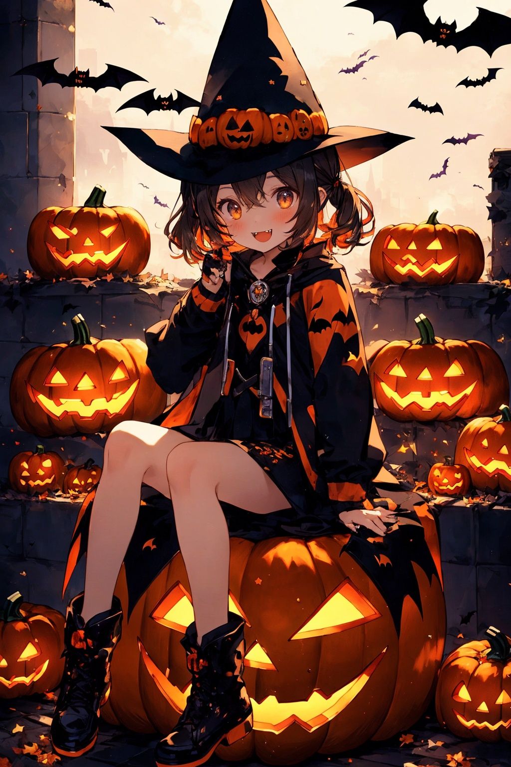  bat,halloween,1girl,jack-o'-lantern,ghost,Sit on a pumpkin,castle,demon,ghost,candy,fangs