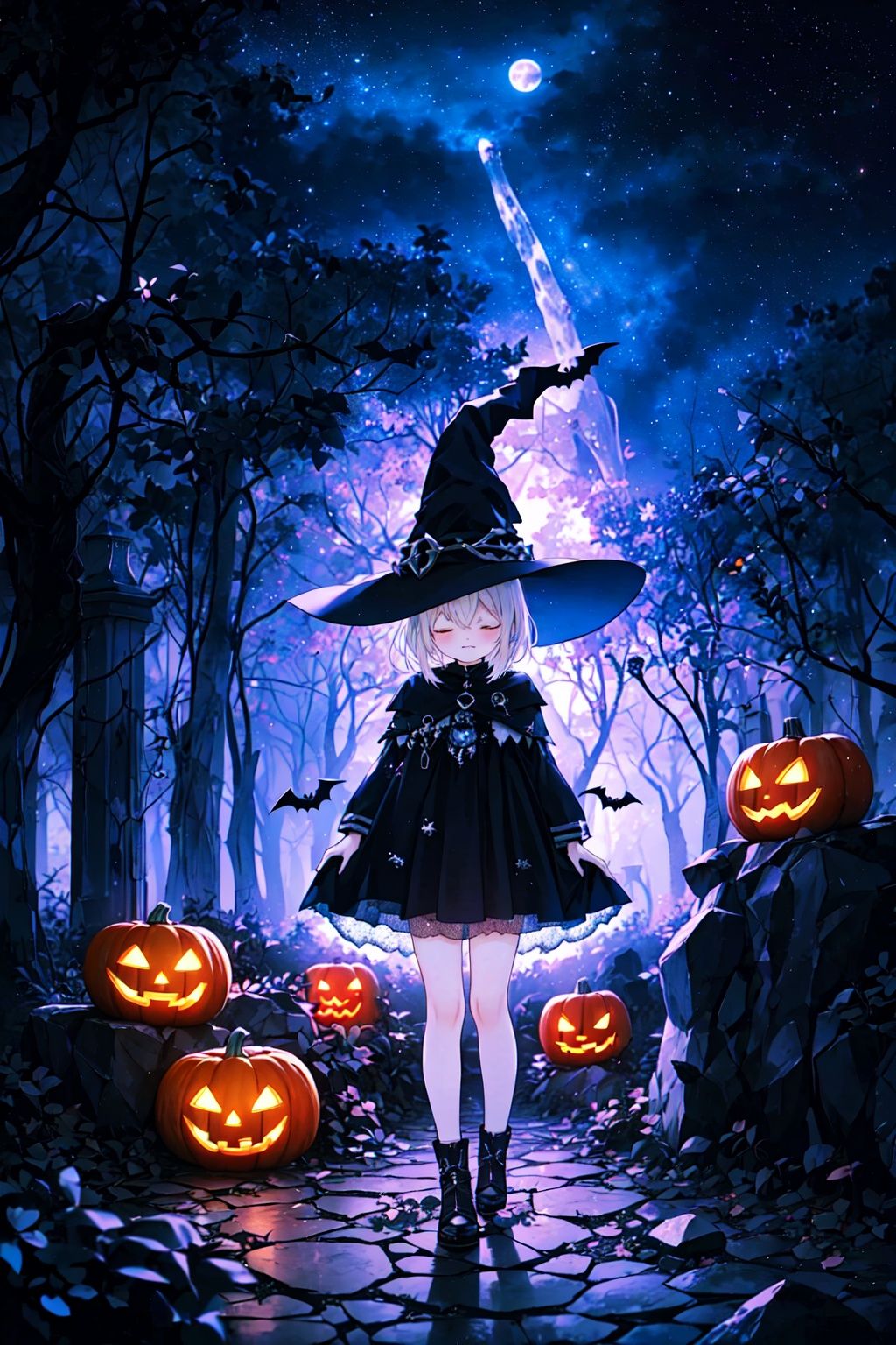 Halloween Background,jack-o'-lantern, no humans, pumpkin, halloween, scenery, bare tree, tombstone, tree, night, graveyard, nature, forest, dark, outdoors (masterpiece:1.3),(best quality:1.2),original,illustration,(an extremely delicate and beautiful),cinematic lighting,volume lighting,(wide shot:1.2),(full body:1.2), (1girl:1.3),(solo:1.3),(closed eyes:1.2),(white hair:1.2),(very long hair:1.2),smile,(liquid starry lace witch tulle hat:1.35),(star-shaped hair ornament),(on a rocky floor:1.2),(floating rock:1.3), (floats in the space:1.2),(background:black hole,purple vortex),((clusters of stars)),(Black hole:1.5),((Kagantua blackhole)),astronomy,(brightandfineBlack-HoleAccretionDisk:1.4),(黑洞视界:1.2),bright and fine (bipolar jet:1.3),(Schwarzschild radius:1.2),chandrasekhar limit,