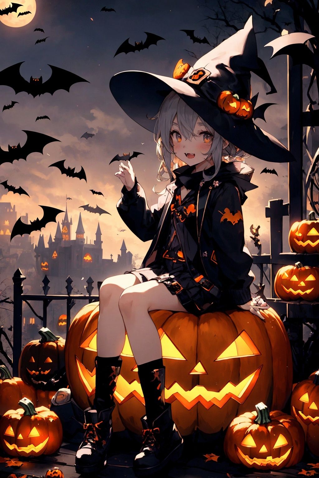  bat,halloween,1girl,jack-o'-lantern,ghost,Sit on a pumpkin,castle,demon,ghost,candy,fangs