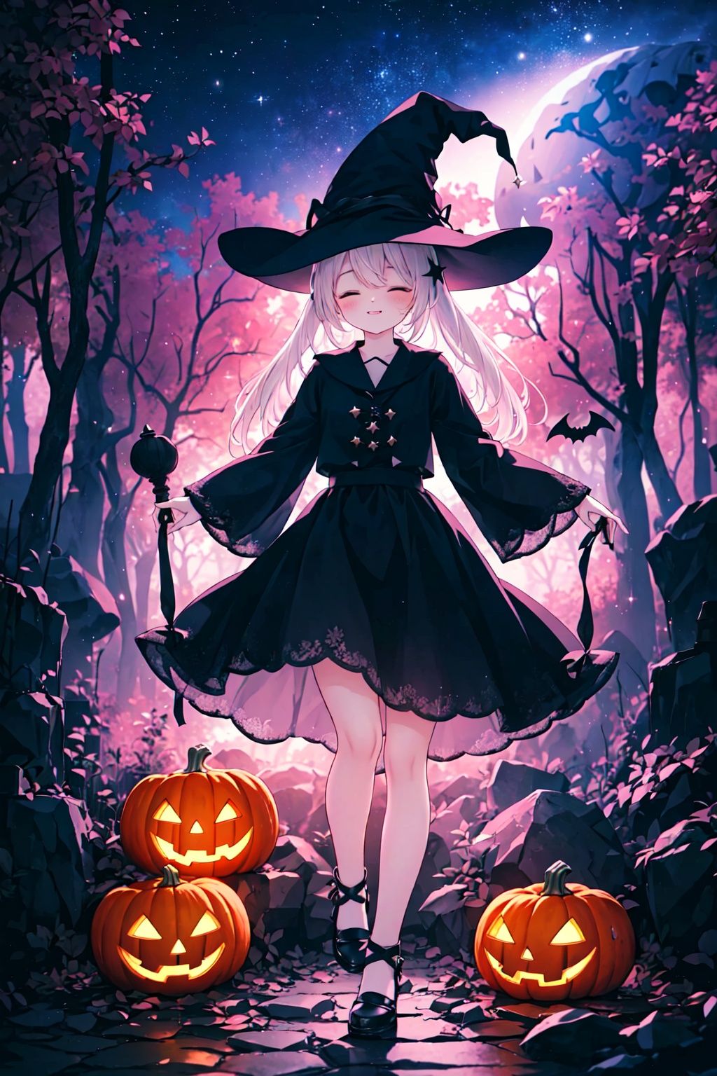  Halloween Background,jack-o'-lantern, no humans, pumpkin, halloween, scenery, bare tree, tombstone, tree, night, graveyard, nature, forest, dark, outdoors (masterpiece:1.3),(best quality:1.2),original,illustration,(an extremely delicate and beautiful),cinematic lighting,volume lighting,(wide shot:1.2),(full body:1.2), (1girl:1.3),(solo:1.3),(closed eyes:1.2),(white hair:1.2),(very long hair:1.2),smile,(liquid starry lace witch tulle hat:1.35),(star-shaped hair ornament),(on a rocky floor:1.2),(floating rock:1.3), (floats in the space:1.2),(background:black hole,purple vortex),((clusters of stars)),(Black hole:1.5),((Kagantuablackhole)),astronomy,(brightandfineBlack-HoleAccretionDisk:1.4),(黑洞视界:1.2),bright and fine (bipolar jet:1.3),(Schwarzschild radius:1.2),chandrasekhar limit, bat,halloween,1girl,jack-o'-lantern,ghost,Sit on a pumpkin,castle,demon,ghost,candy,fangs