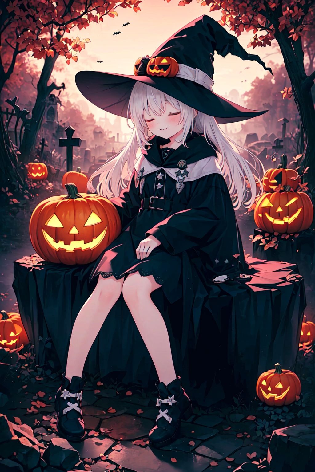  Halloween Background,jack-o'-lantern, no humans, pumpkin, halloween, scenery, bare tree, tombstone, tree, night, graveyard, nature, forest, dark, outdoors (masterpiece:1.3),(best quality:1.2),original,illustration,(an extremely delicate and beautiful),cinematic lighting,volume lighting,(wide shot:1.2),(full body:1.2), (1girl:1.3),(solo:1.3),(closed eyes:1.2),(white hair:1.2),(very long hair:1.2),smile,(liquid starry lace witch tulle hat:1.35),(star-shaped hair ornament),(on a rocky floor:1.2),(floating rock:1.3), (floats in the space:1.2),(background:black hole,purple vortex),((clusters of stars)),(Black hole:1.5),((Kagantuablackhole)),astronomy,(brightandfineBlack-HoleAccretionDisk:1.4),(黑洞视界:1.2),bright and fine (bipolar jet:1.3),(Schwarzschild radius:1.2),chandrasekhar limit, bat,halloween,1girl,jack-o'-lantern,ghost,Sit on a pumpkin,castle,demon,ghost,candy,fangs