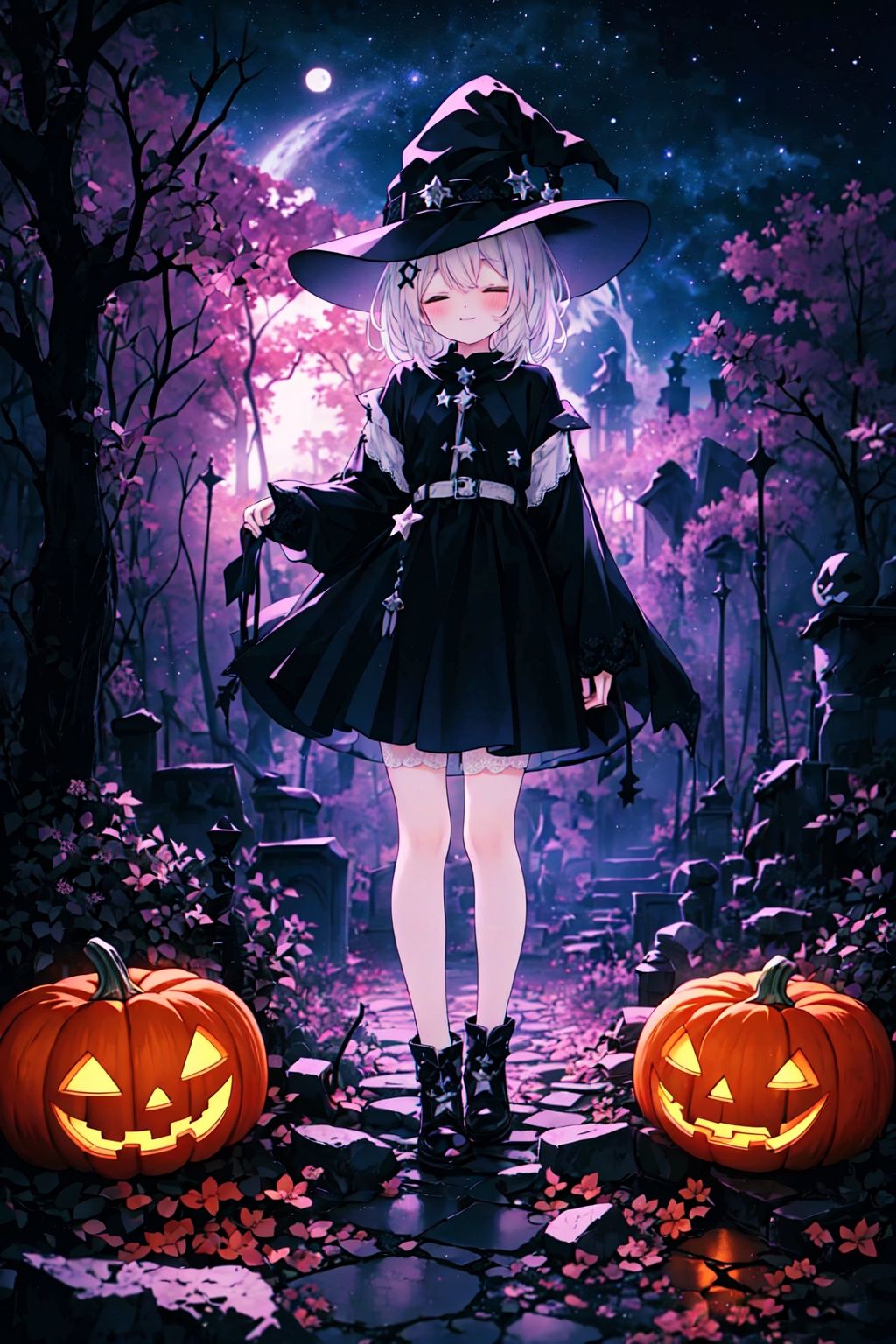 Halloween Background,jack-o'-lantern, no humans, pumpkin, halloween, scenery, bare tree, tombstone, tree, night, graveyard, nature, forest, dark, outdoors (masterpiece:1.3),(best quality:1.2),original,illustration,(an extremely delicate and beautiful),cinematic lighting,volume lighting,(wide shot:1.2),(full body:1.2), (1girl:1.3),(solo:1.3),(closed eyes:1.2),(white hair:1.2),(very long hair:1.2),smile,(liquid starry lace witch tulle hat:1.35),(star-shaped hair ornament),(on a rocky floor:1.2),(floating rock:1.3), (floats in the space:1.2),(background:black hole,purple vortex),((clusters of stars)),(Black hole:1.5),((Kagantua blackhole)),astronomy,(brightandfineBlack-HoleAccretionDisk:1.4),(黑洞视界:1.2),bright and fine (bipolar jet:1.3),(Schwarzschild radius:1.2),chandrasekhar limit,