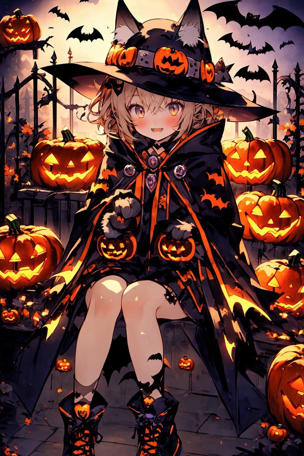  bat,halloween,1girl,jack-o'-
lantern,ghost,castle,demon,ghost,candy,fangs,kitten,stand,Wearing a cloak