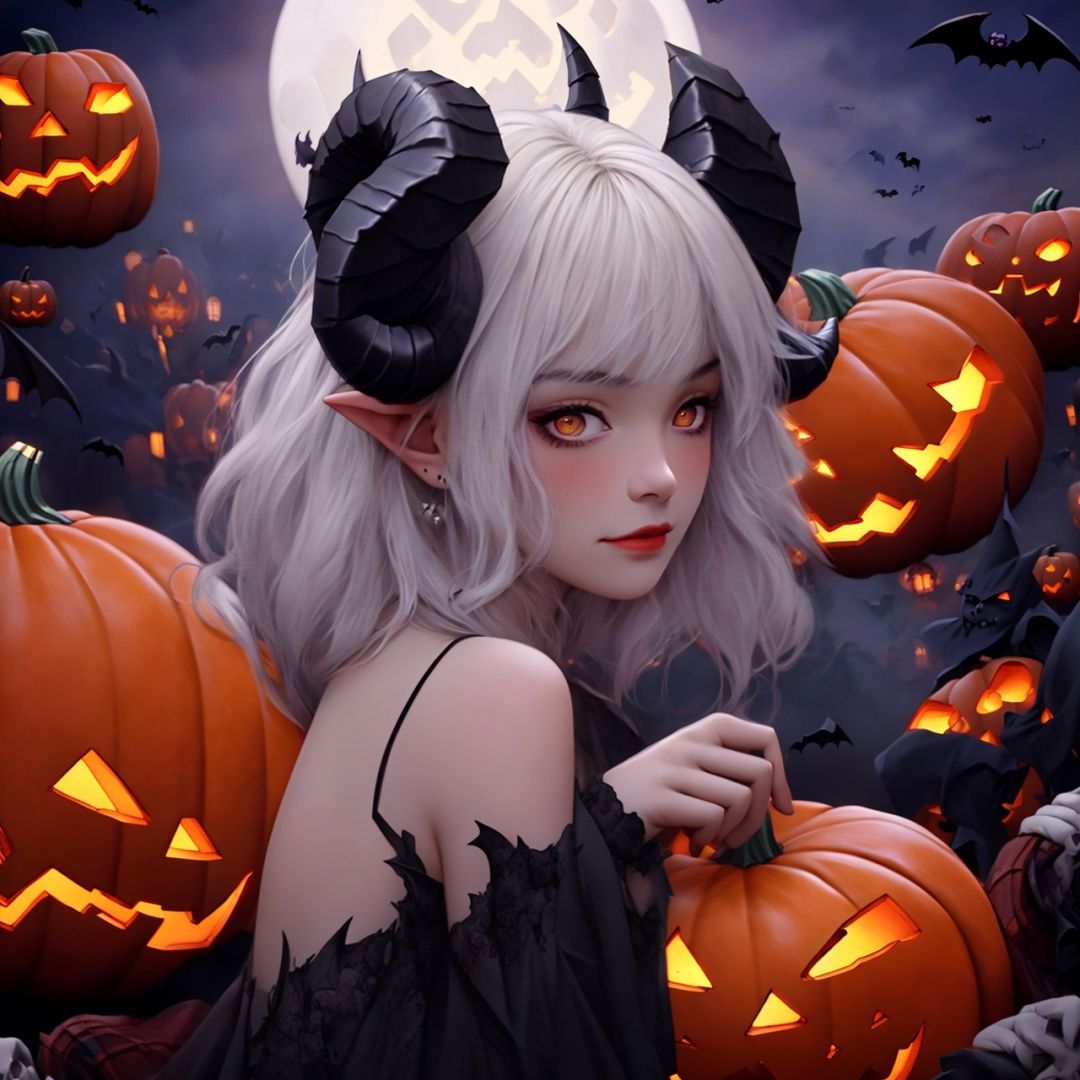  Best quality, 8k, cg,1girl,Halloween,,bat,moon,demon,ram's horn