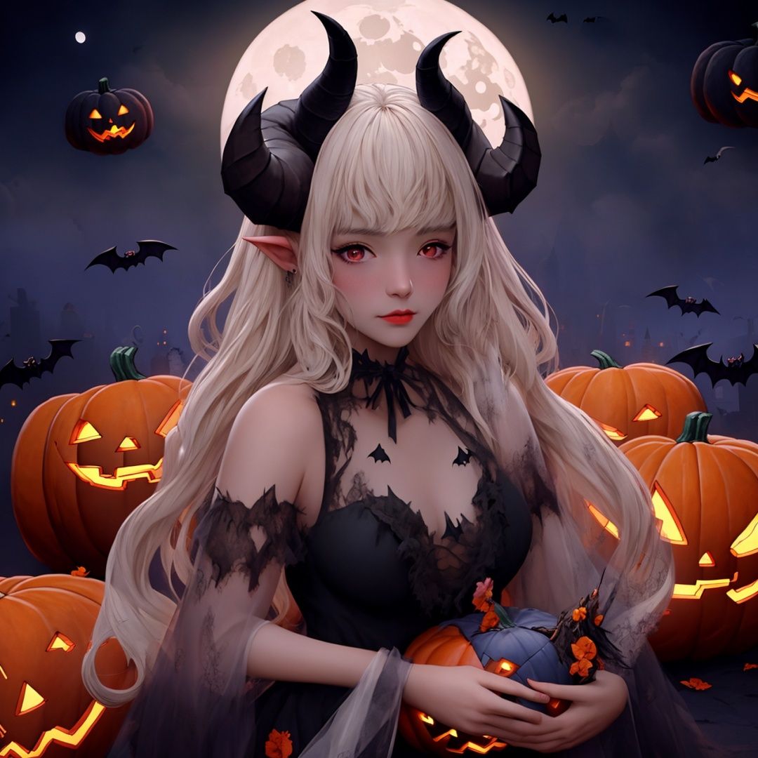  Best quality, 8k, cg,Halloween,,bat,moon,1girl,demon,ram's horn