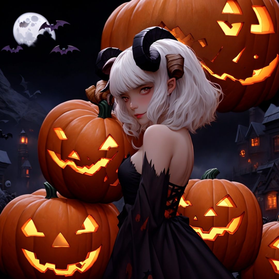  Best quality, 8k, cg,1girl,Halloween,jack-o'-lantern,bat,moon,demon,ram's horn