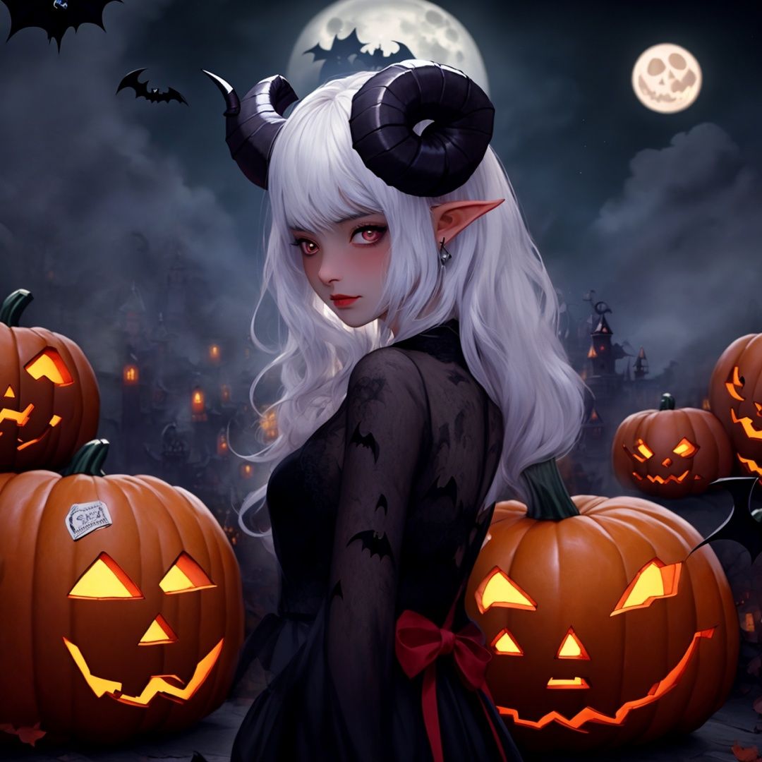  Best quality, 8k, cg,1girl,Halloween,,bat,moon,demon,ram's horn