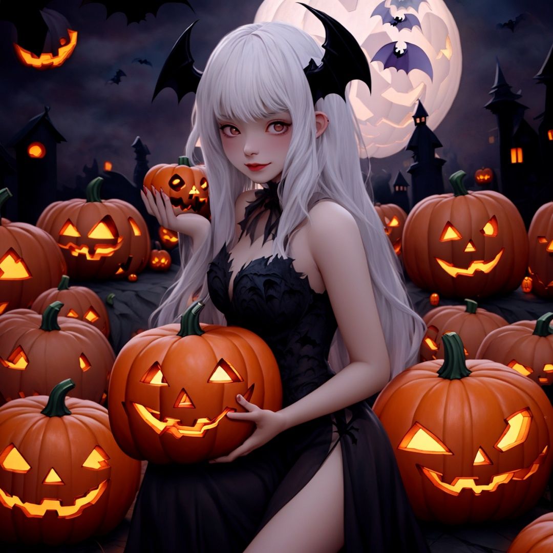  Best quality, 8k, cg,Halloween,jack-o'-lantern,bat,moon,1girl,demon