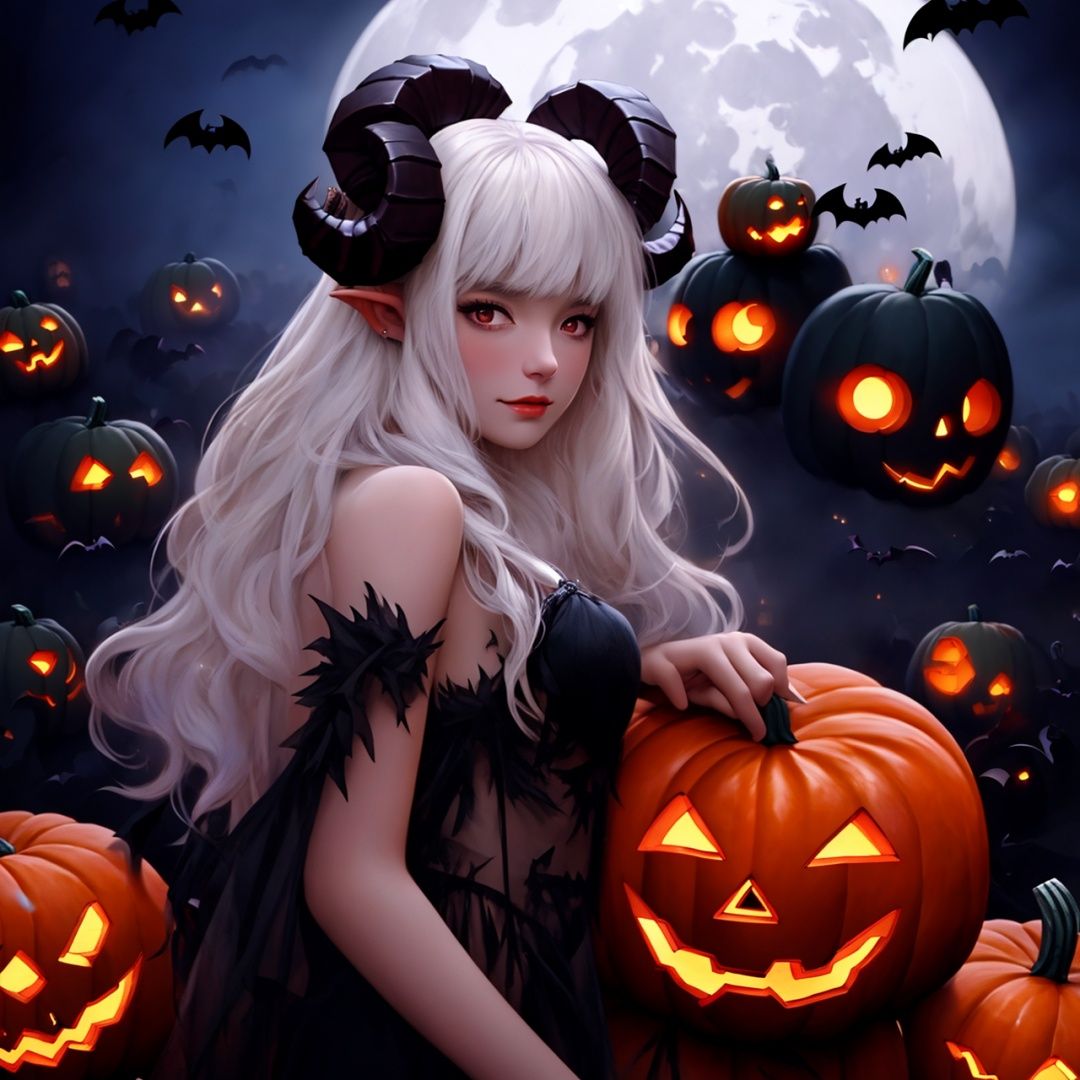  Best quality, 8k, cg,1girl,Halloween,,bat,moon,demon,ram's horn