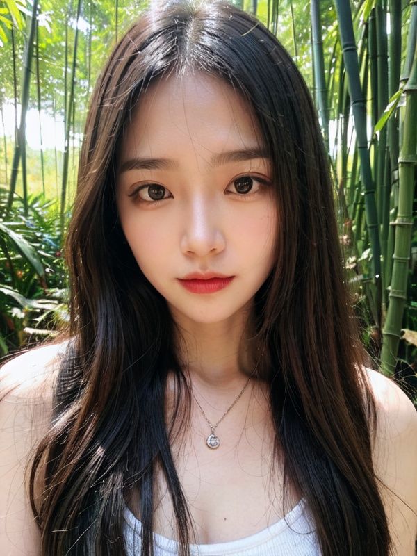 The highest masterpiece, exquisite picture quality, a girl, handsome, exquisite features, detailed facial characterization, 8K picture quality, perfect lighting, melon seed face, long eyelashes, dark green gradient hair, middle part bangs, messy hair, long curly hair, emerald pupils (eyes), delicate smooth skin, light blush, half body, posing, bamboo forest, bamboo leaves, Crane in the sky, There are pavilions and pavilions in the dense bamboo forest