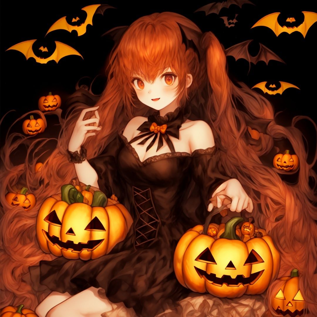  Best quality, 8k, cg,1girl,jack-o'-lantern,bat,